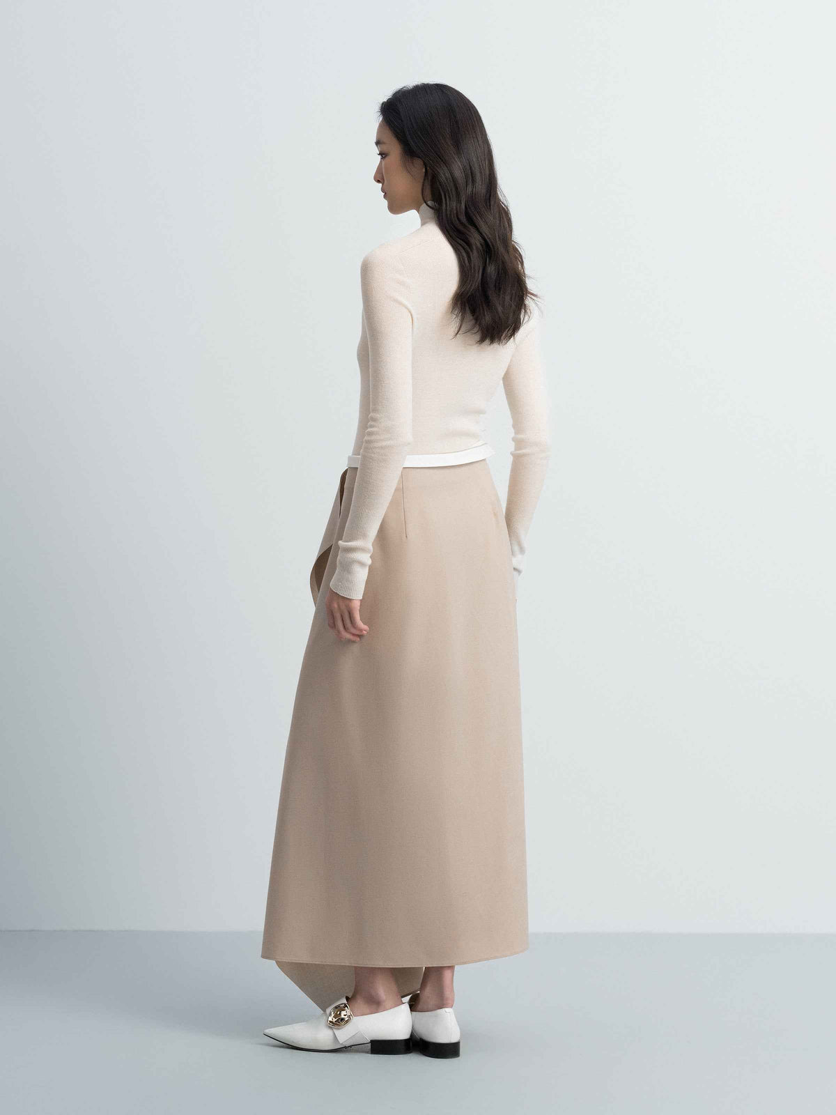 Light Khaki Worsted Wool A-Line Front Pleat Skirt