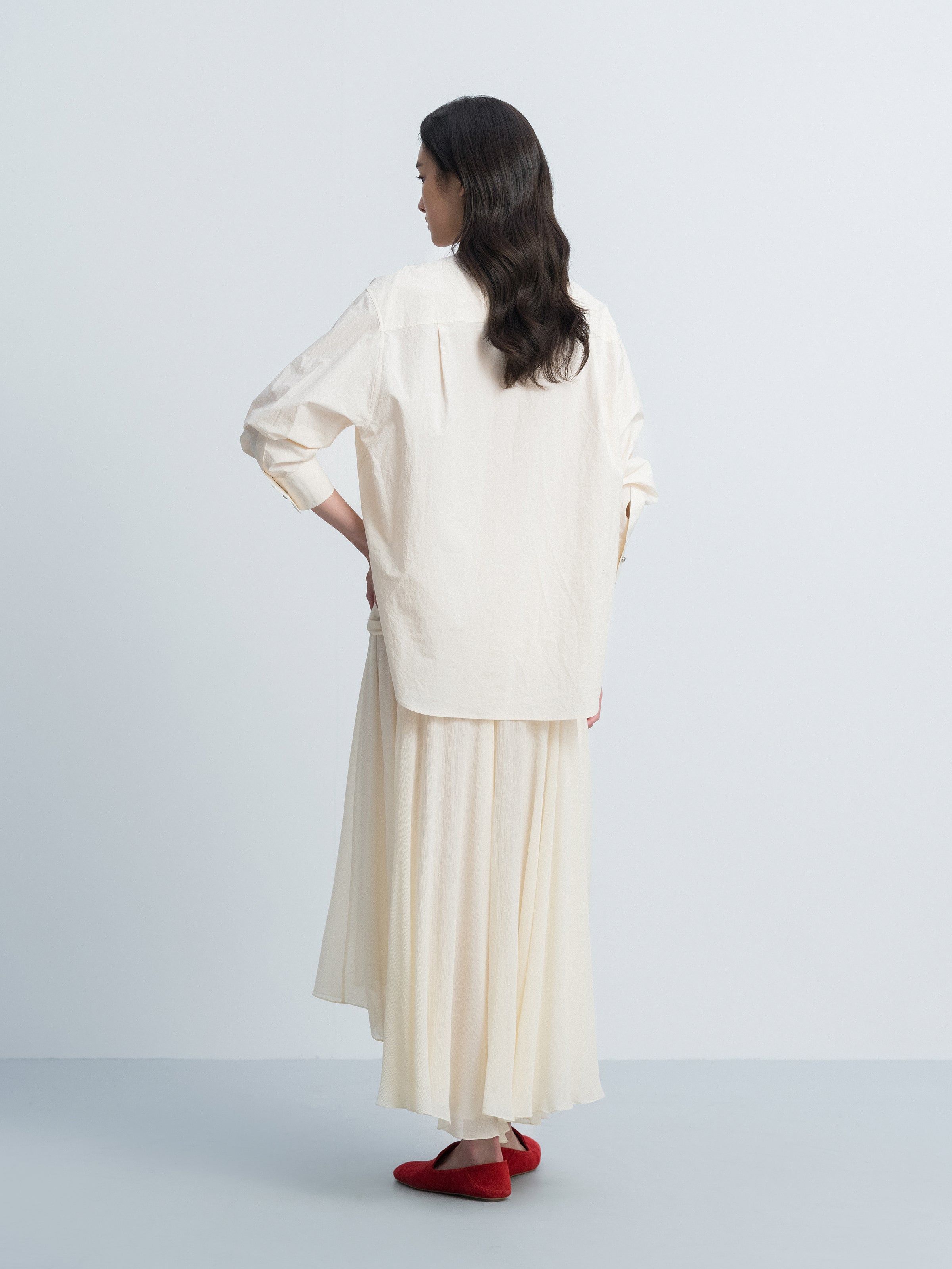 Cream White Silk Blend Gathered Waist Ruched Long Skirt