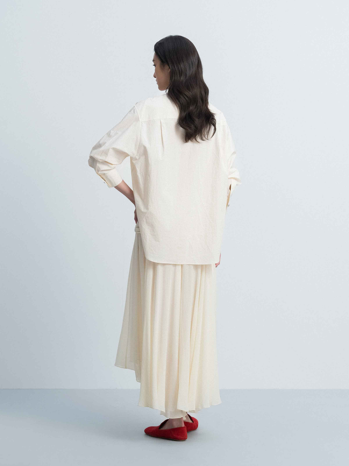 Cream White Silk Blend Gathered Waist Ruched Long Skirt