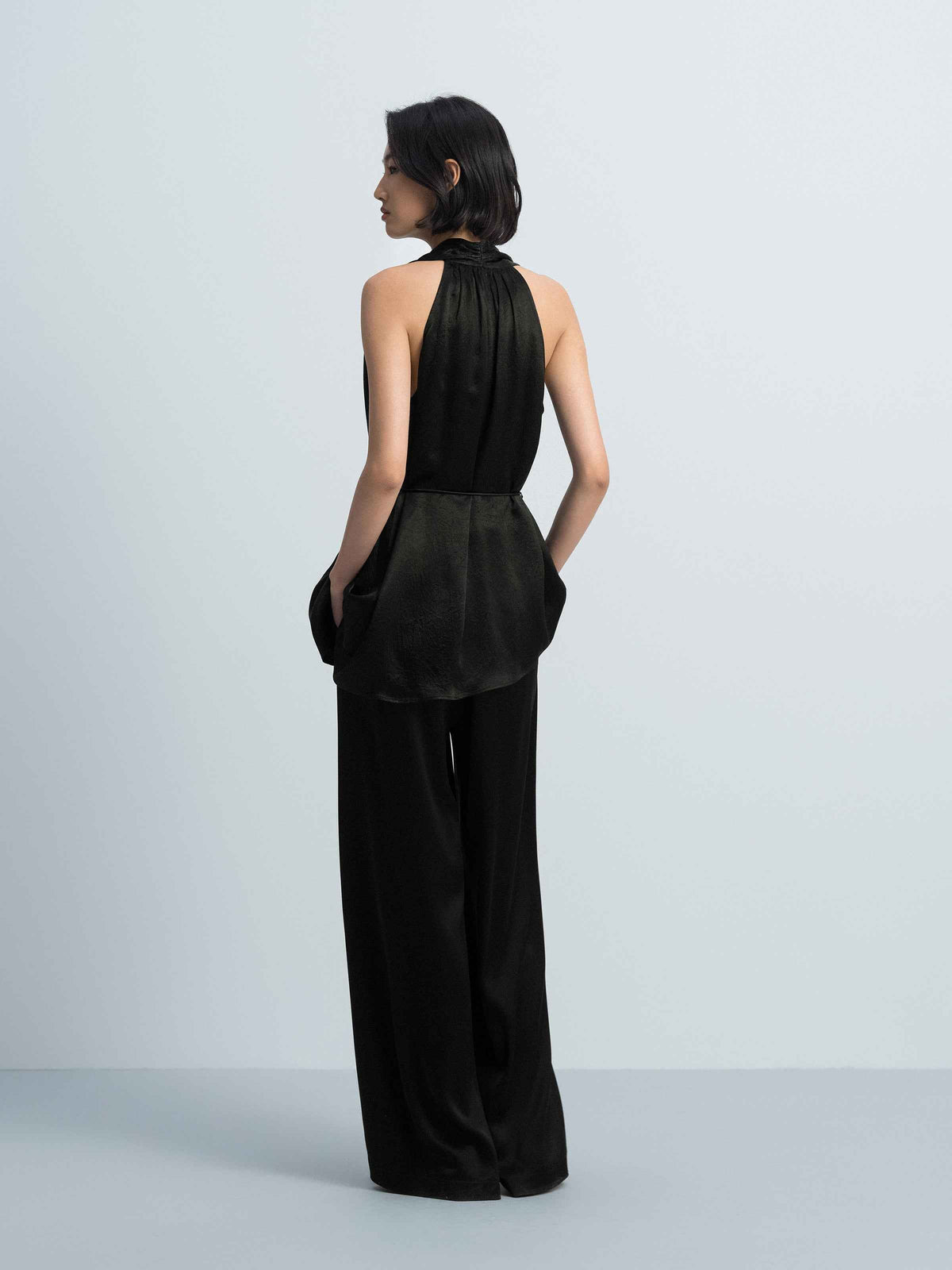 Black Acetate Satin Halter V-Neck Belt Waist Sleeveless Top