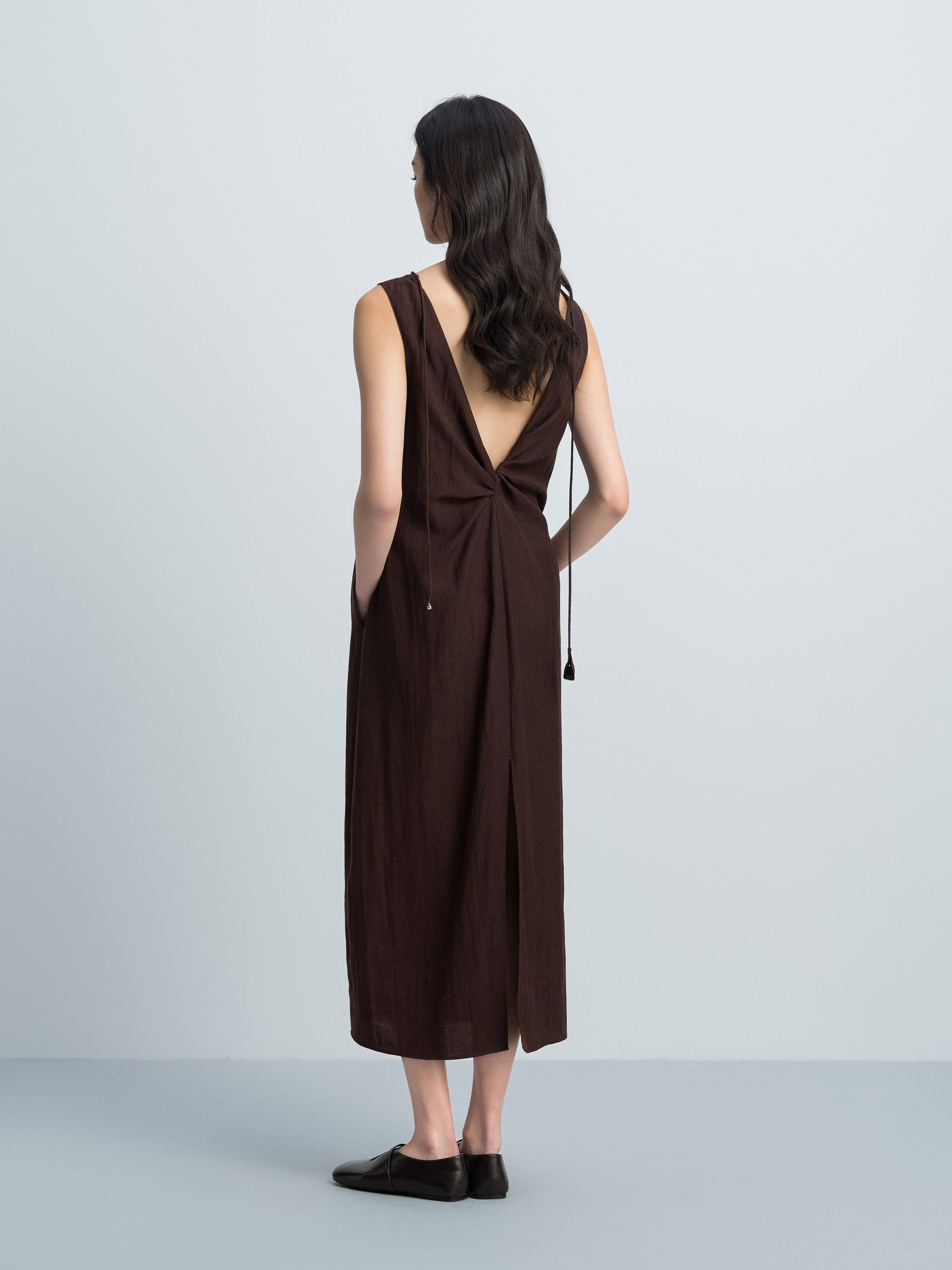 Coffee Brown Linen Blend Drawstring V Knot Cocoon Dress