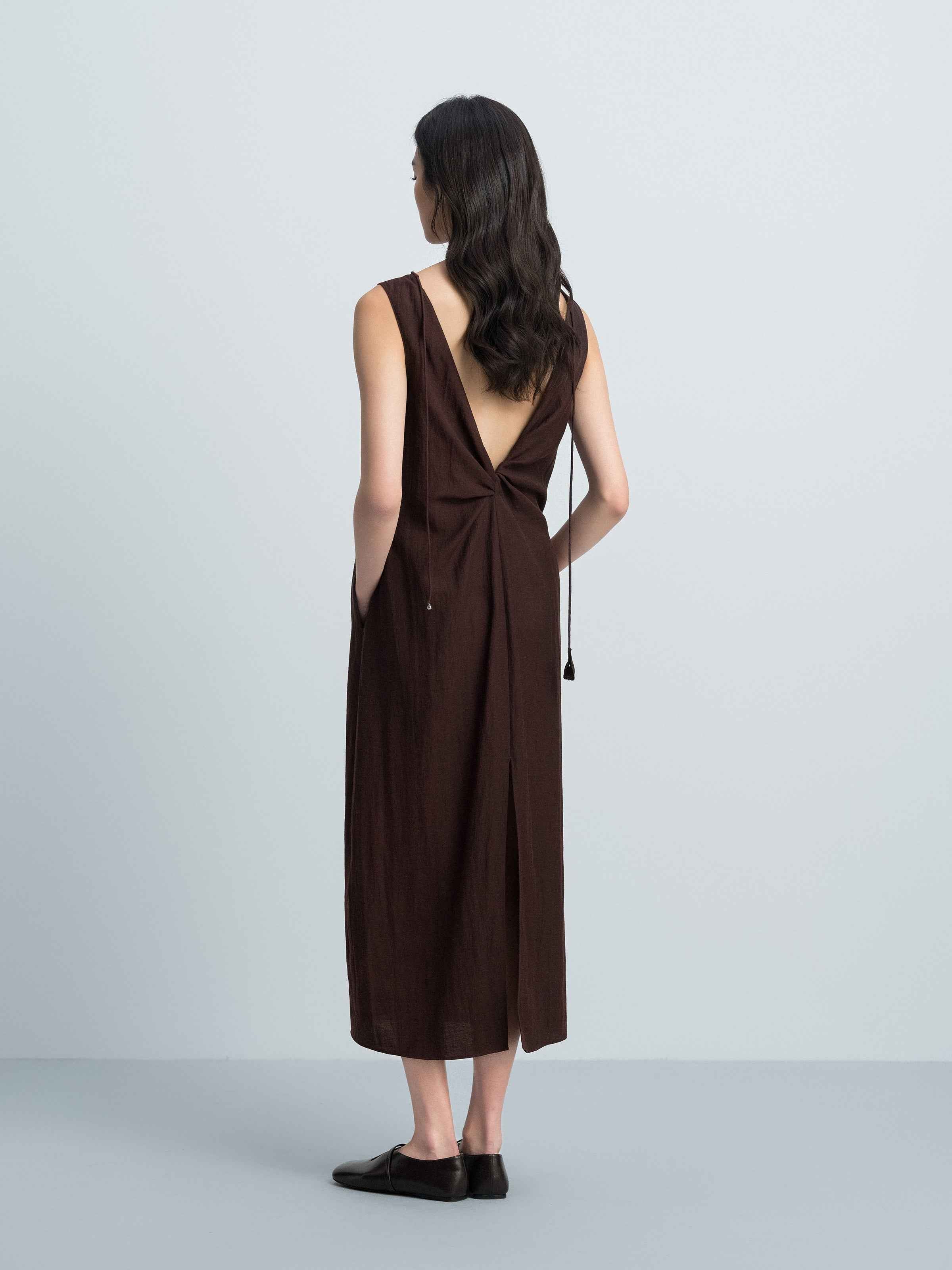 Coffee Brown Linen Blend Drawstring V Knot Cocoon Dress