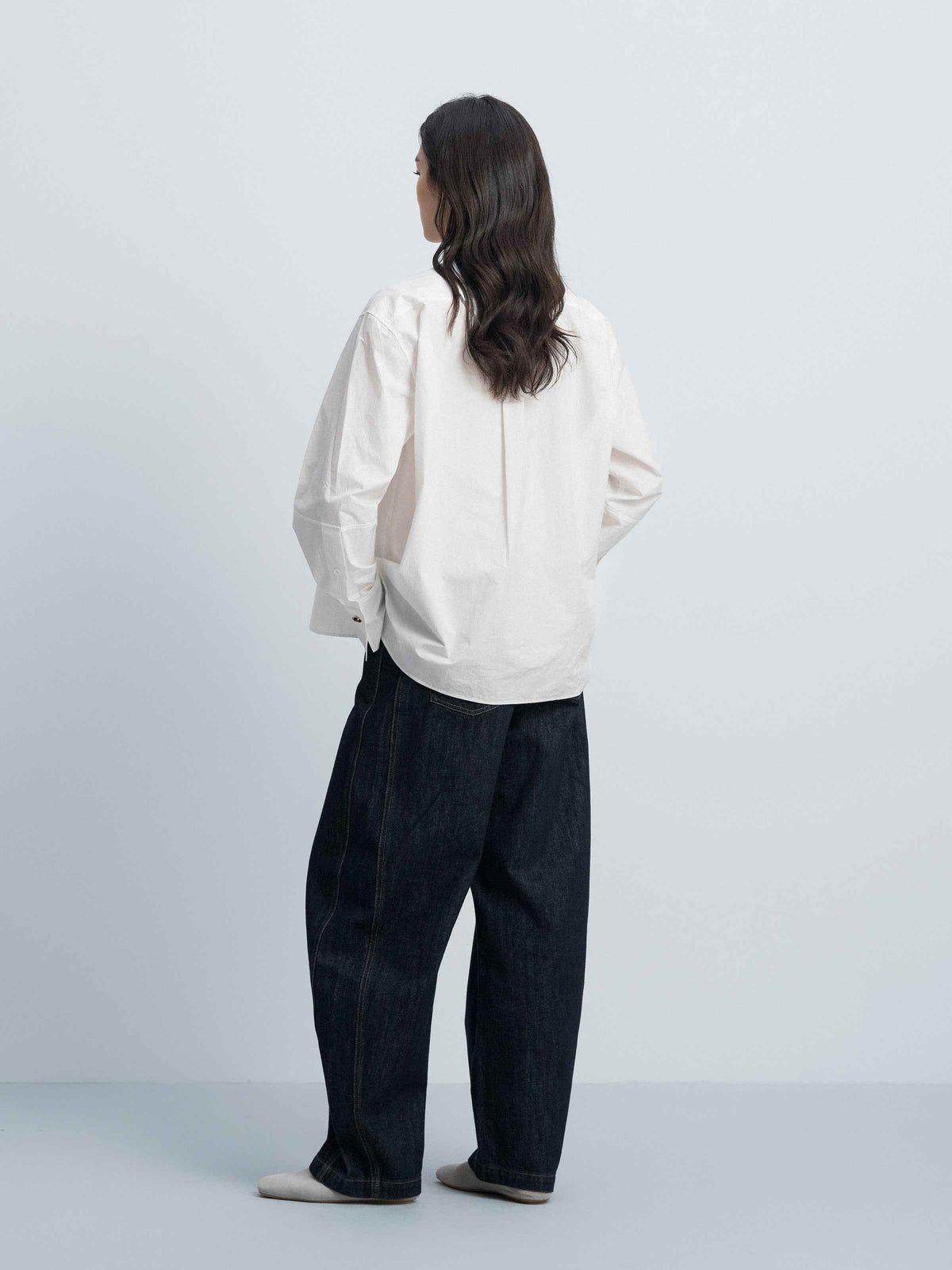 Off White Cotton Crinkle Stand Collar Hidden Placket Shirt