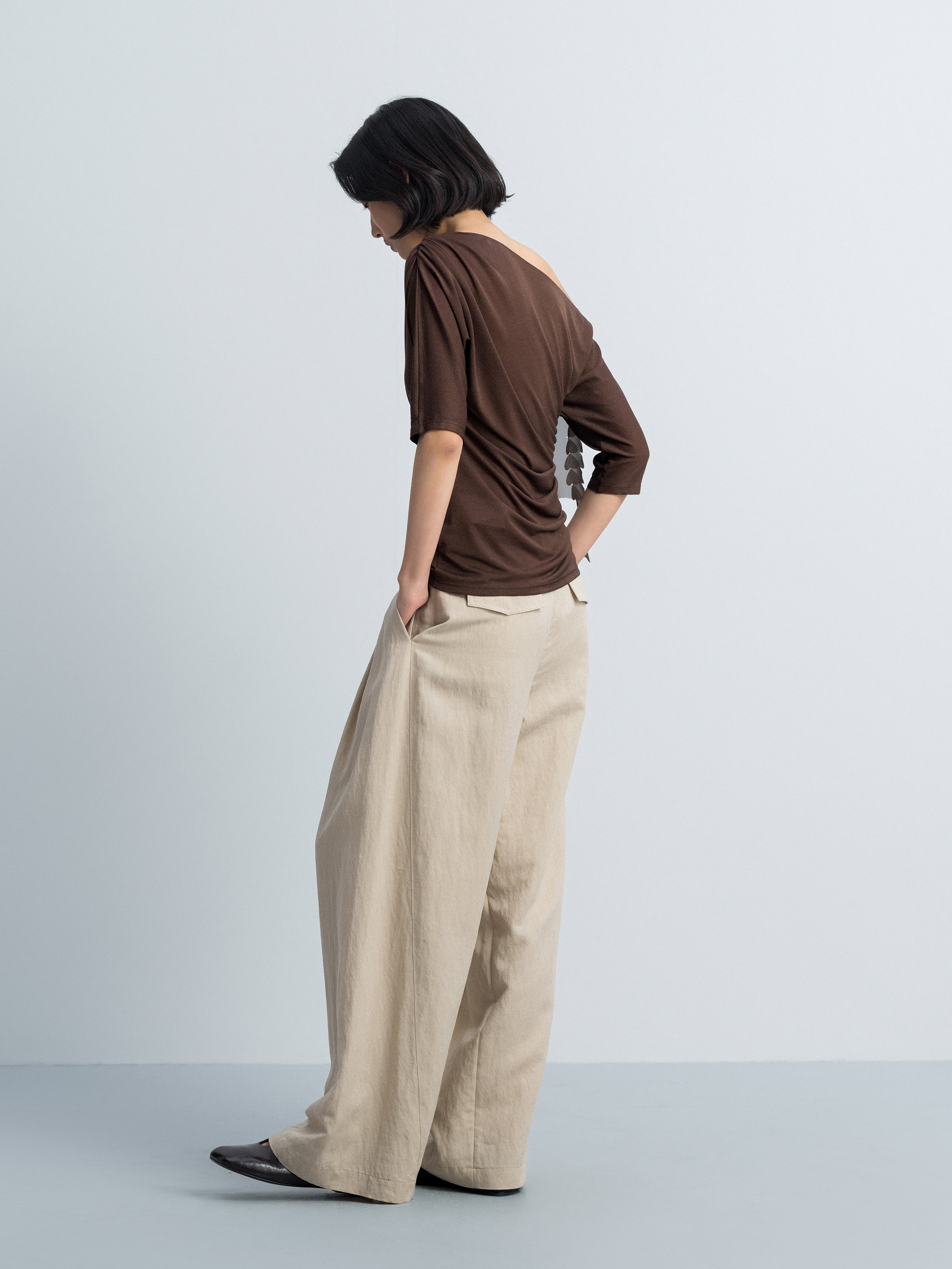 Brown Acetate Poly Knit One-Shoulder Ruching Elbow-Sleeve Top