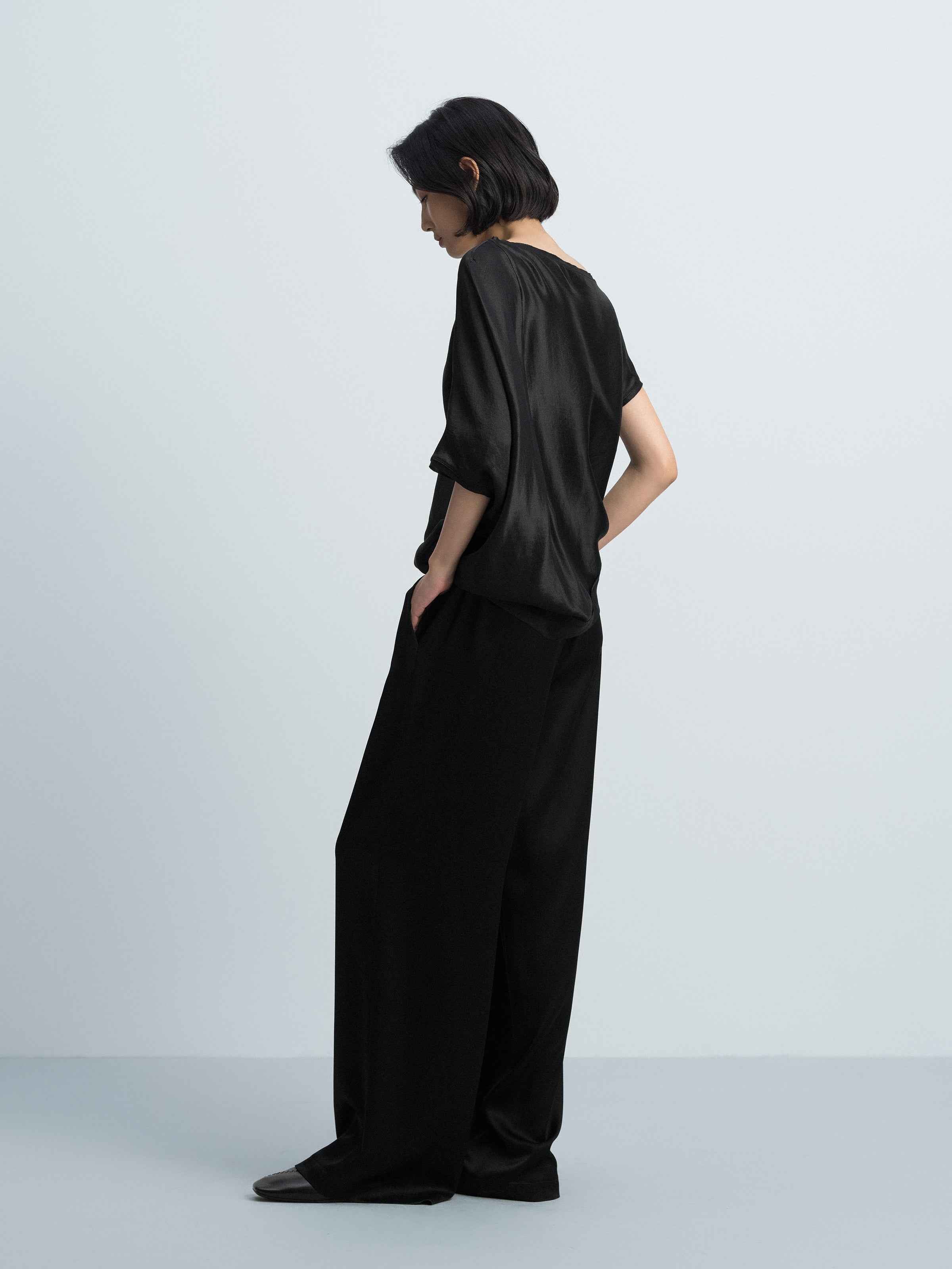 Black Shiny Silk Irregular Cocoon Asymmetric Sleeve Top