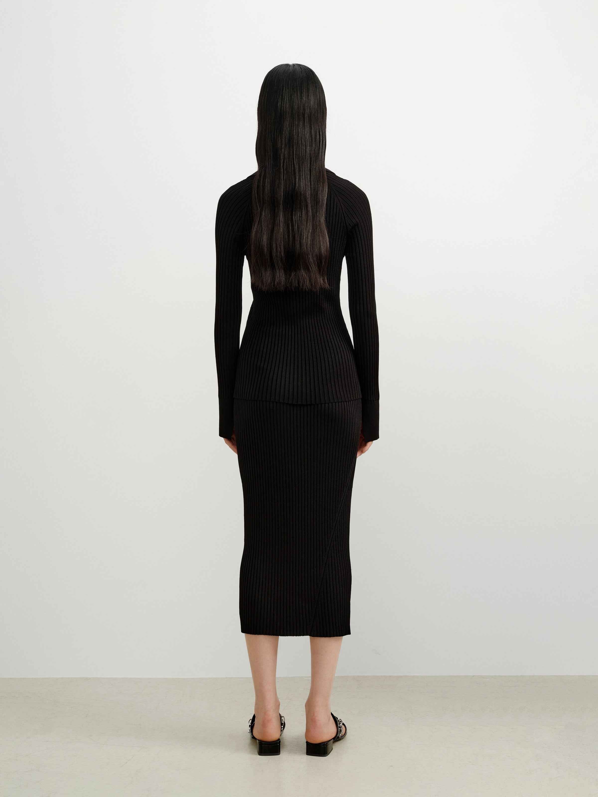 Black Viscose Blend Straight Asymmetric Slit Midi Skirt