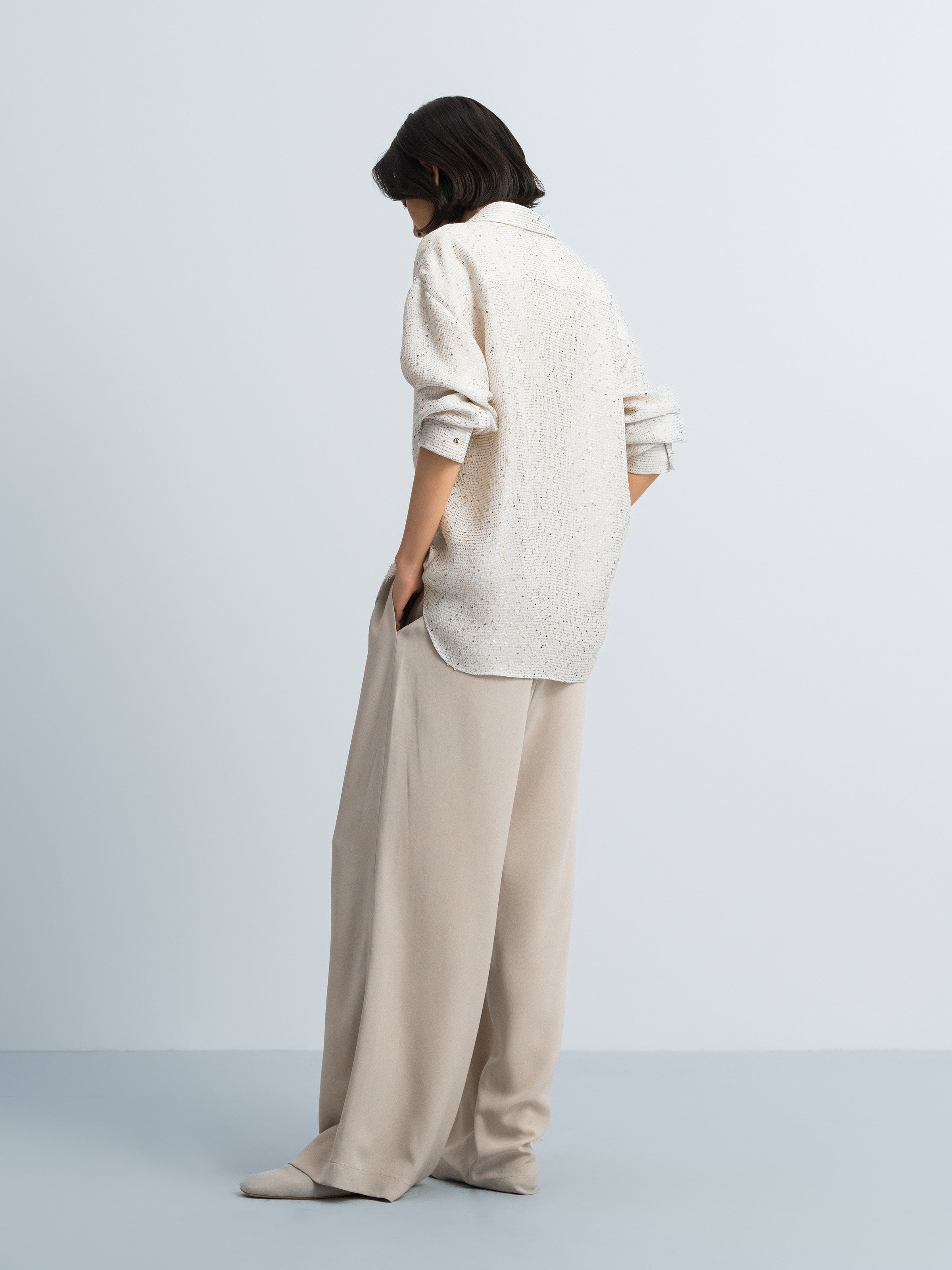 Beige Sequin Stripe Tailored Straight Long-Sleeve Shirt