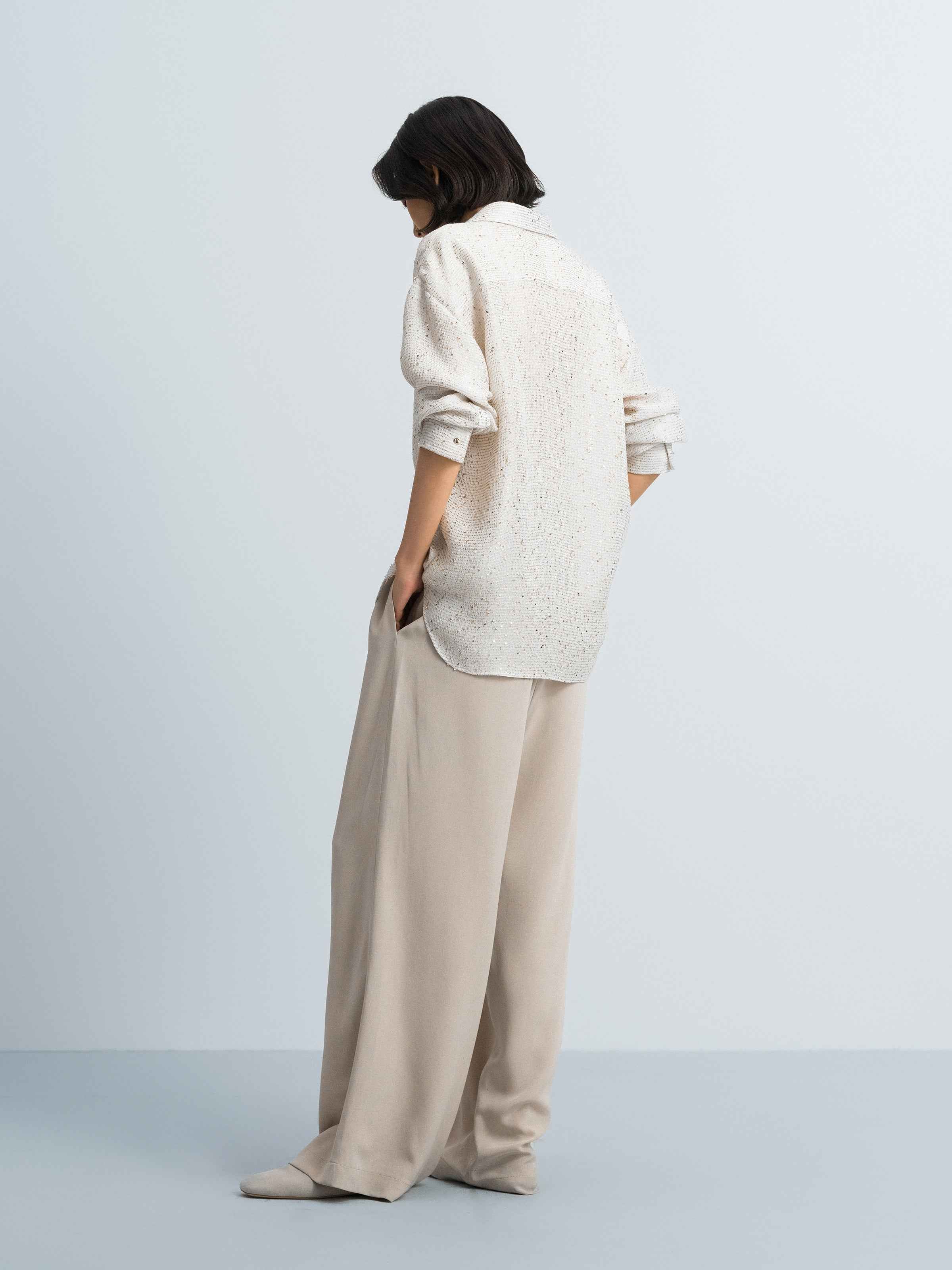 Beige Sequin Stripe Tailored Straight Long-Sleeve Shirt