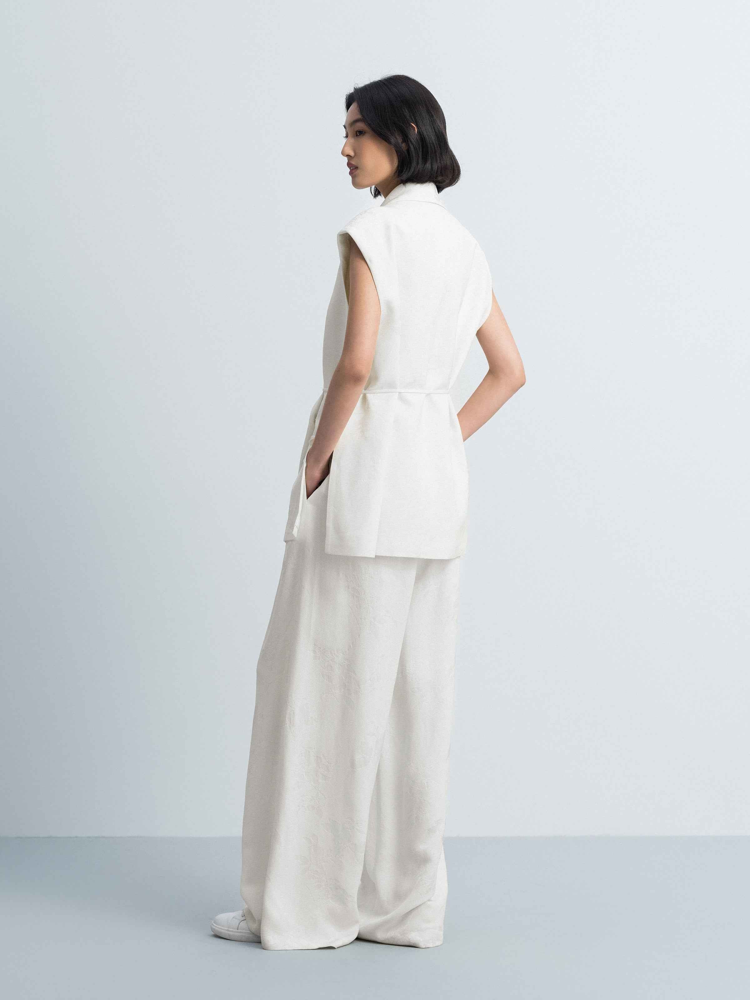 Cream White Rayon Jacquard High-Waist Wide-Leg Trousers
