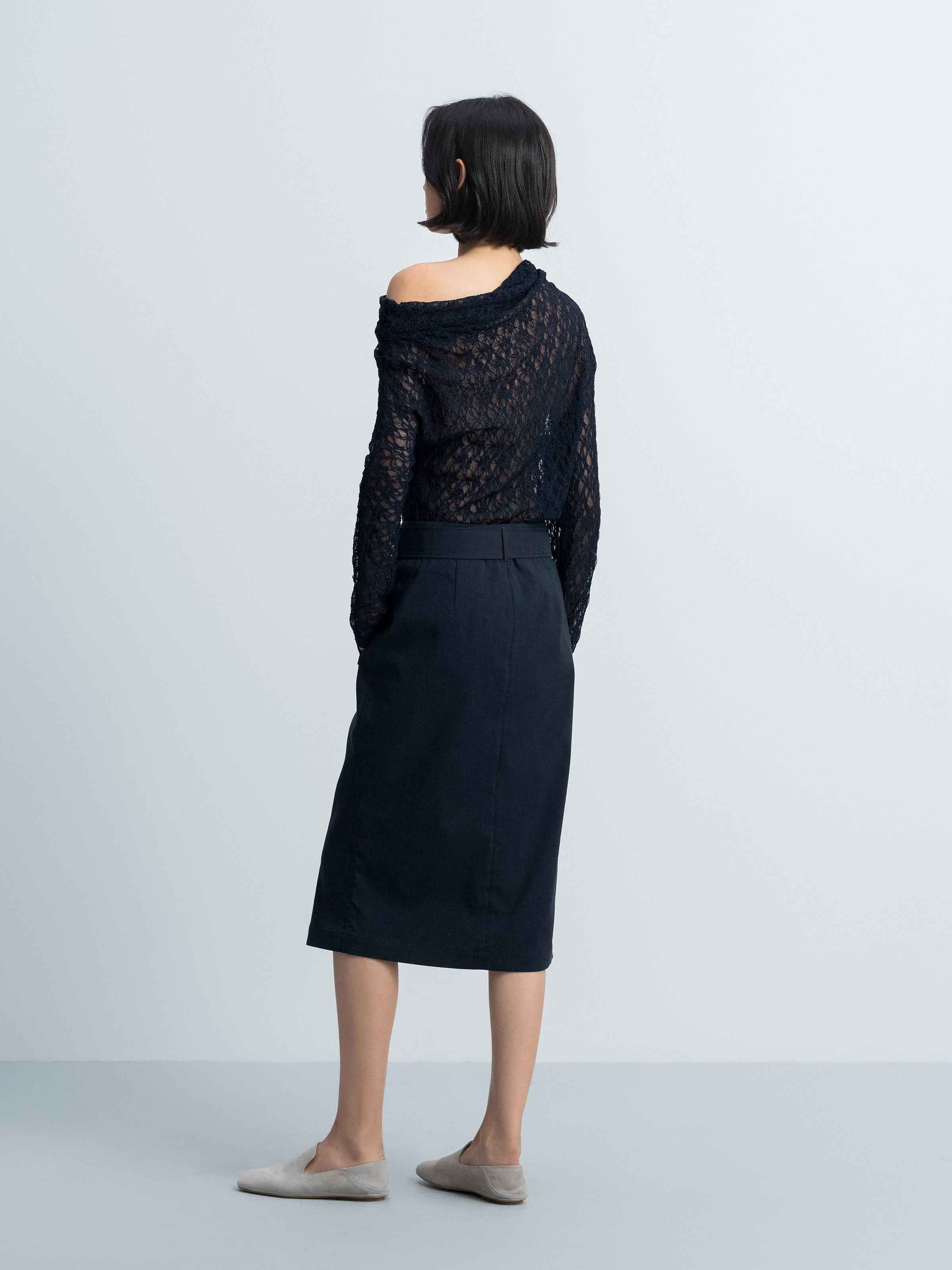 Navy Blue Linen Blend D-Ring Utility Pocket Midi Skirt