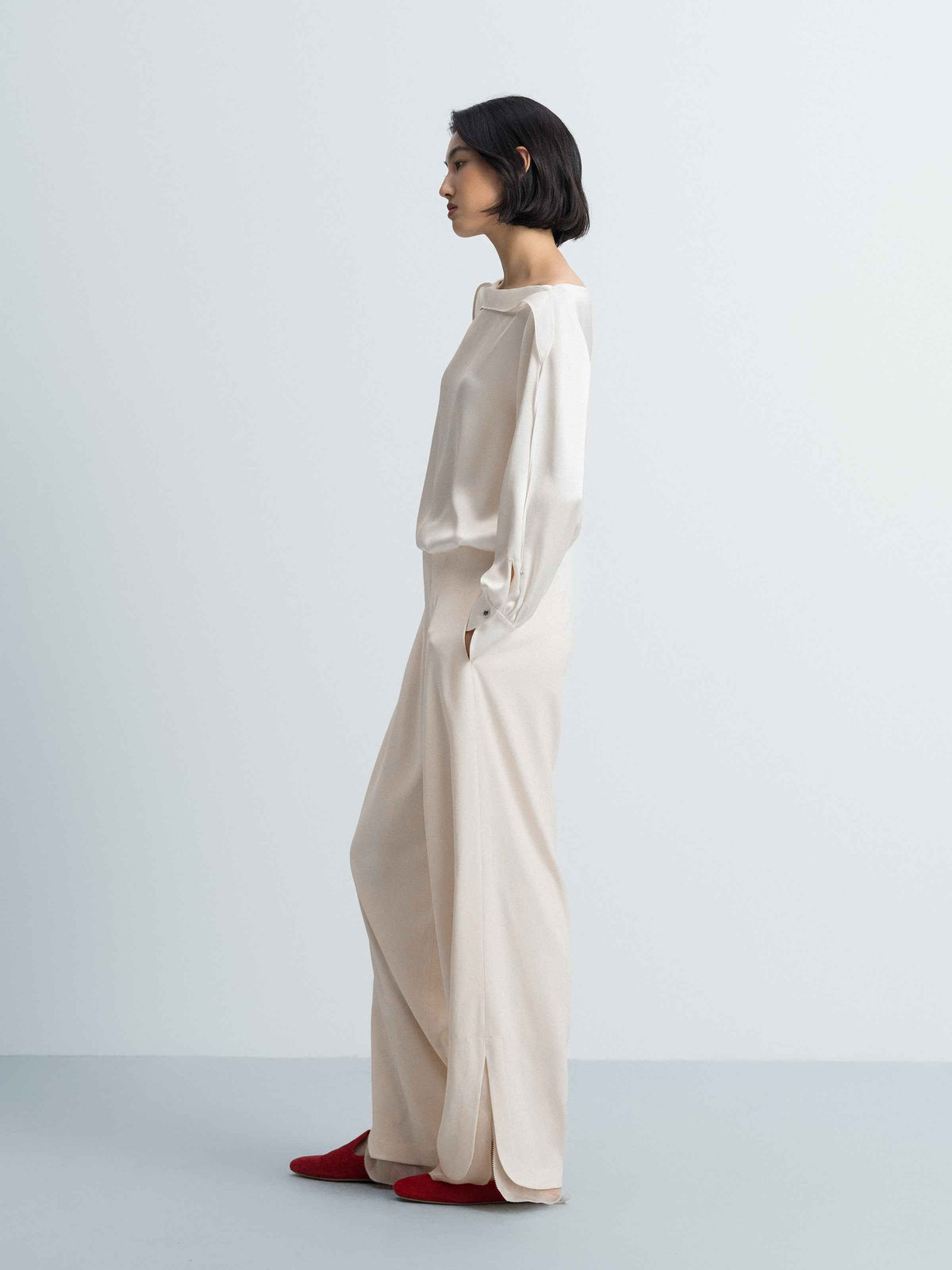 Cream White Acetate Satin Boat Neck Crossover Top