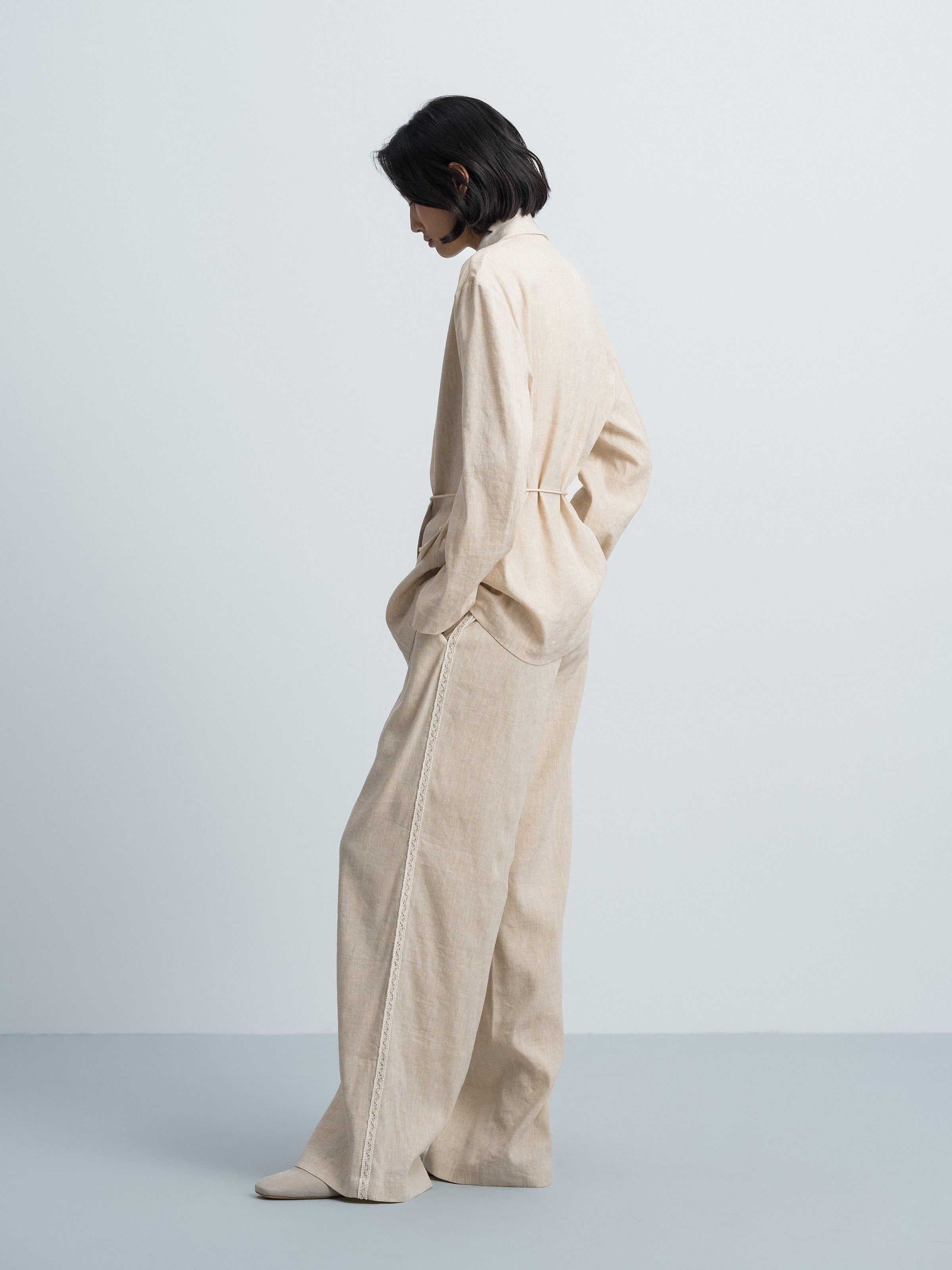 Oatmeal Linen Blend Shawl Collar Drawstring Straight Blazer