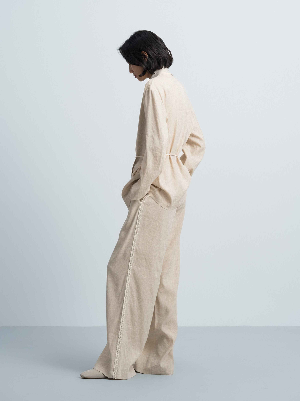 Oatmeal Linen Blend Shawl Collar Drawstring Straight Blazer