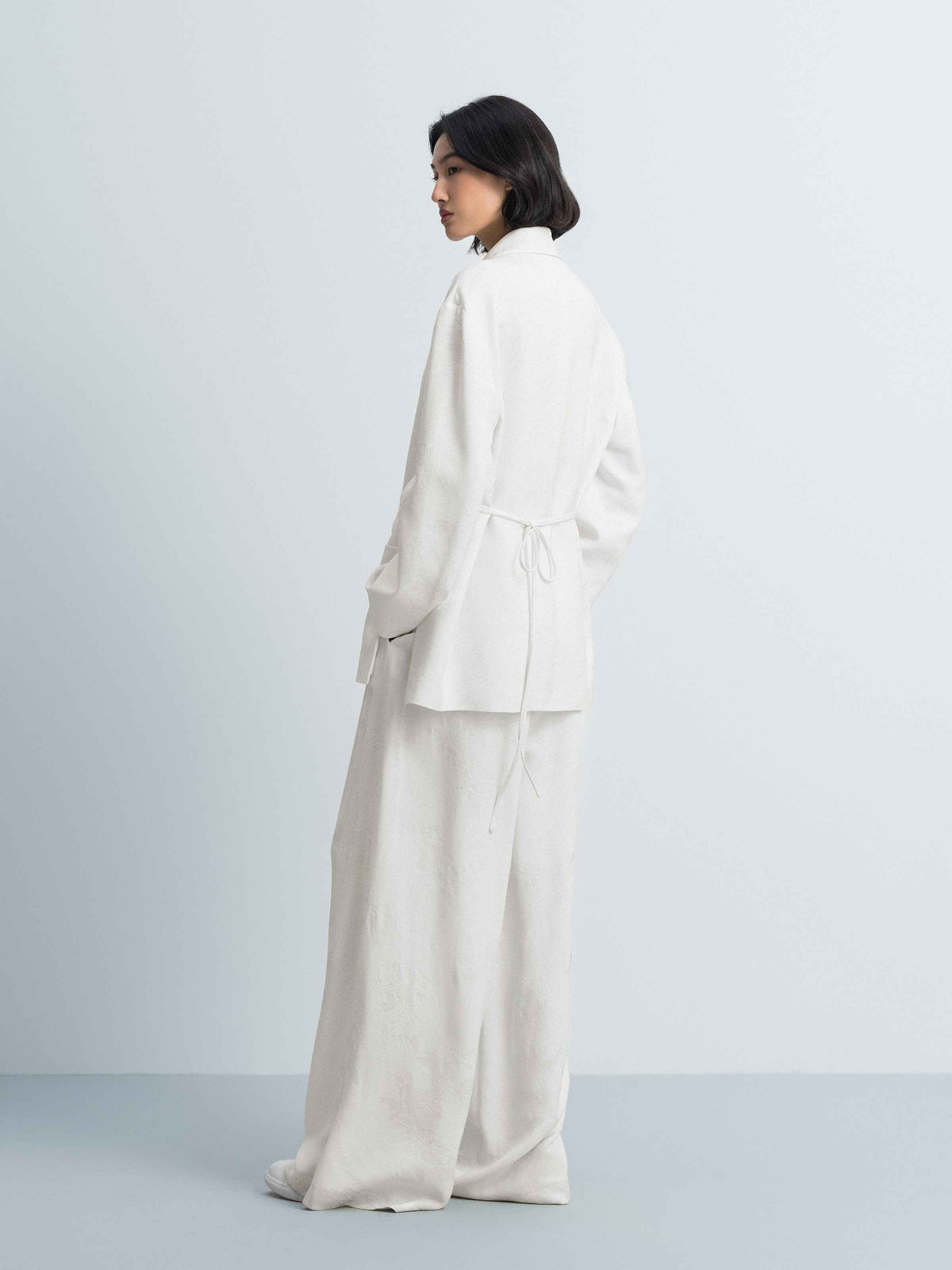 Cream White Rayon Jacquard Shawl Collar Oversized Blazer