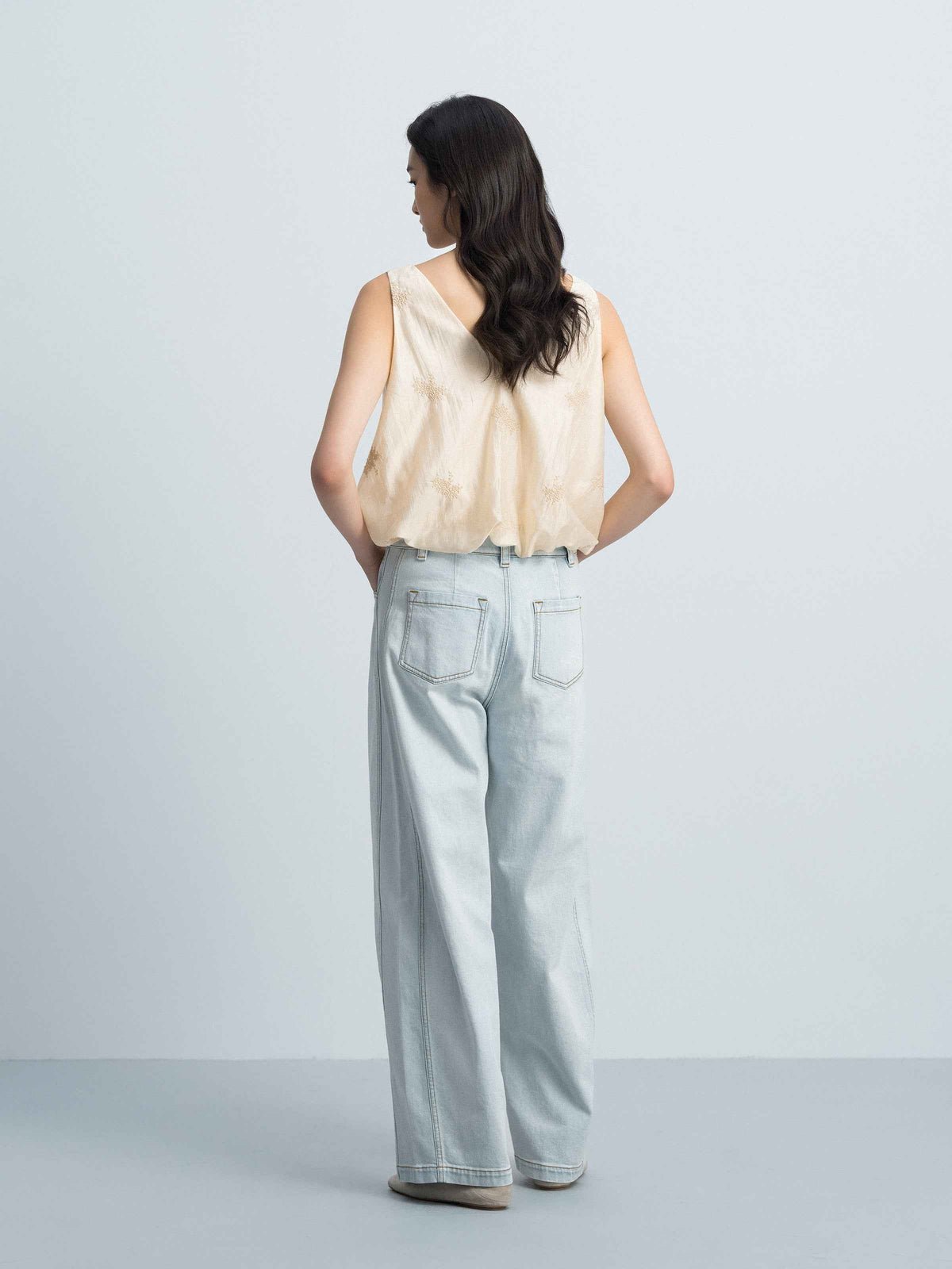 Beige Yellow Lyocell Blend V-Neck Elastic Hem Top