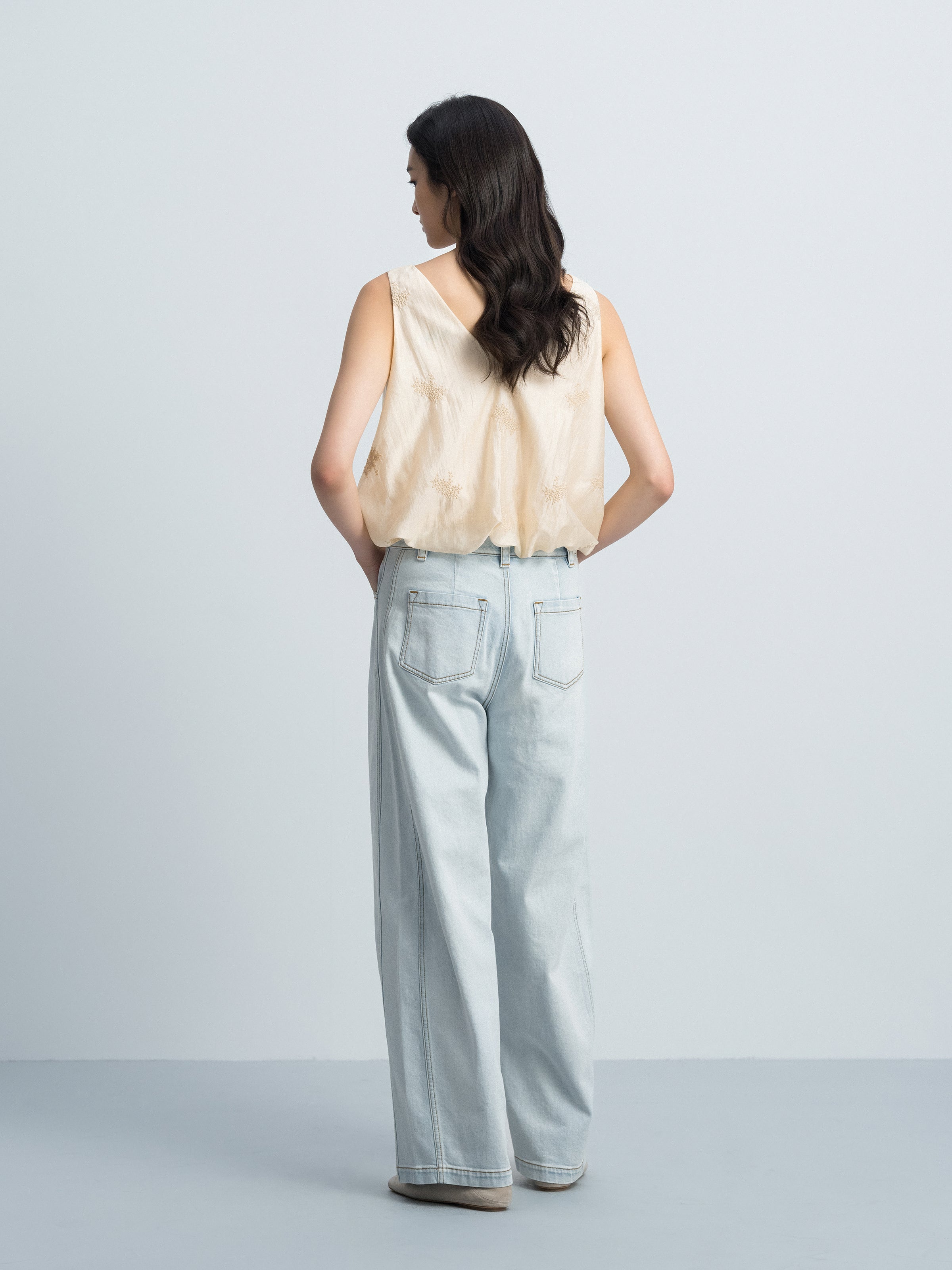 Beige Yellow Lyocell Blend V-Neck Elastic Hem Top