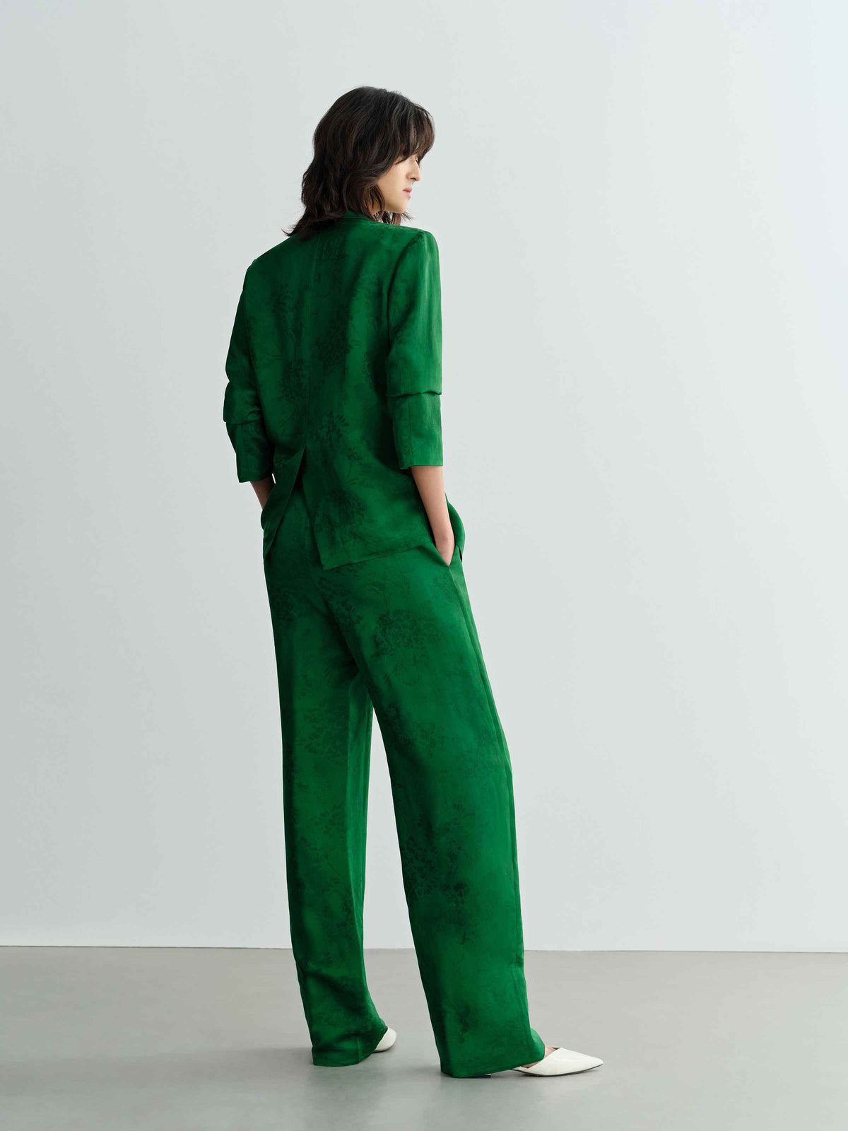 Green Mulberry Silk Jacquard Wide-Leg Trousers