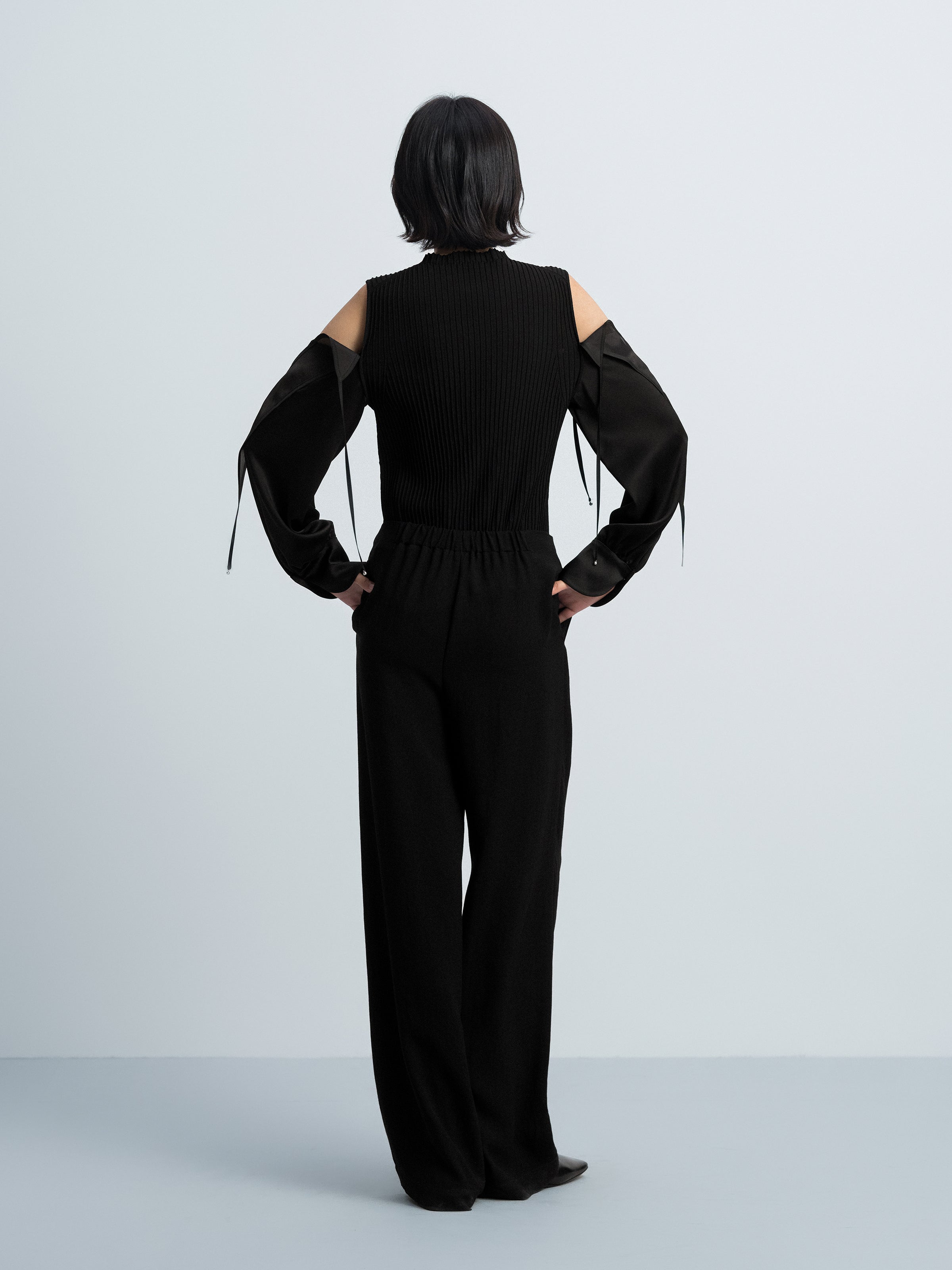 Black Viscose Satin Organza High Neck Slim Top