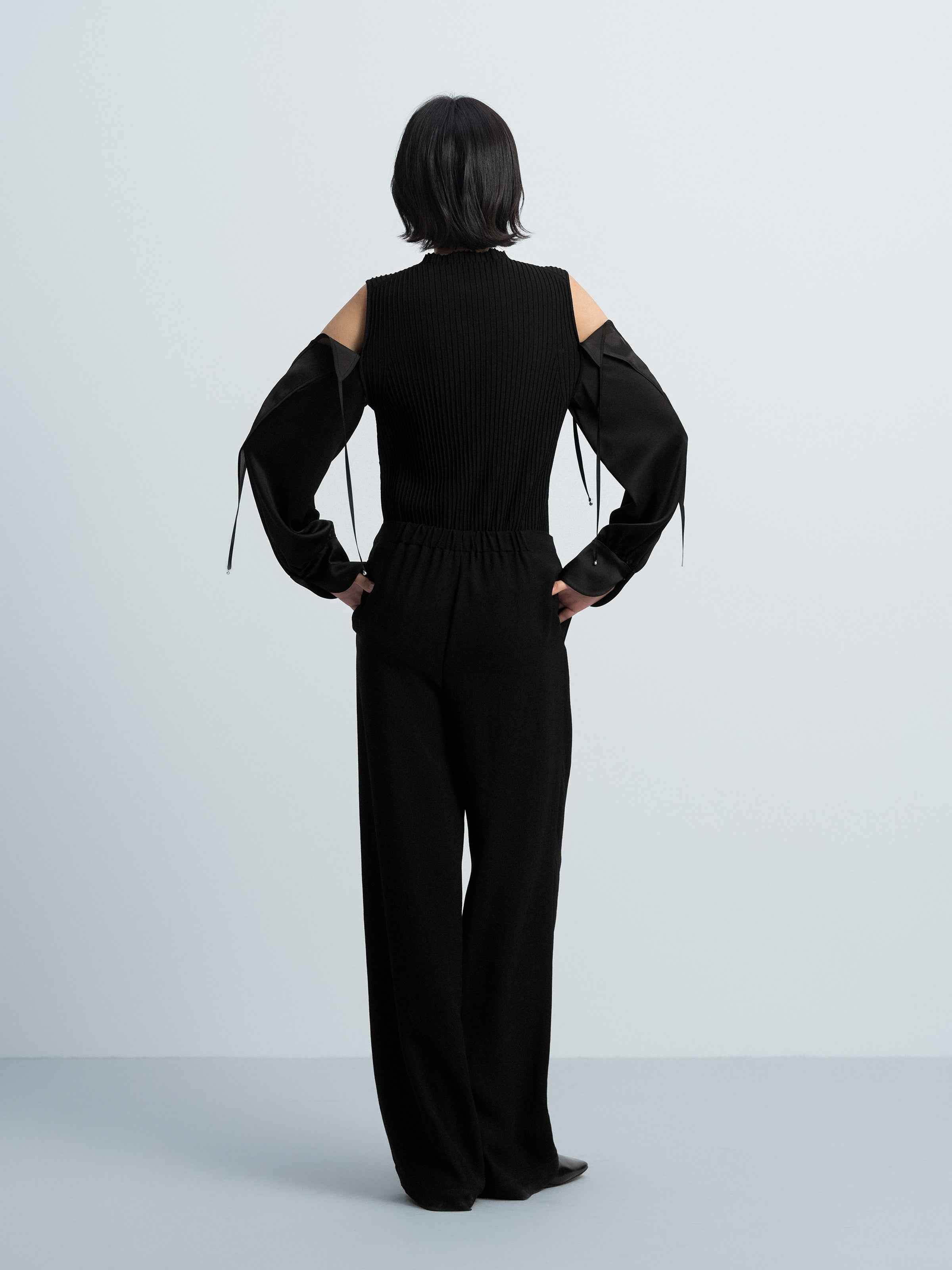 Black Viscose Satin Organza High Neck Slim Top