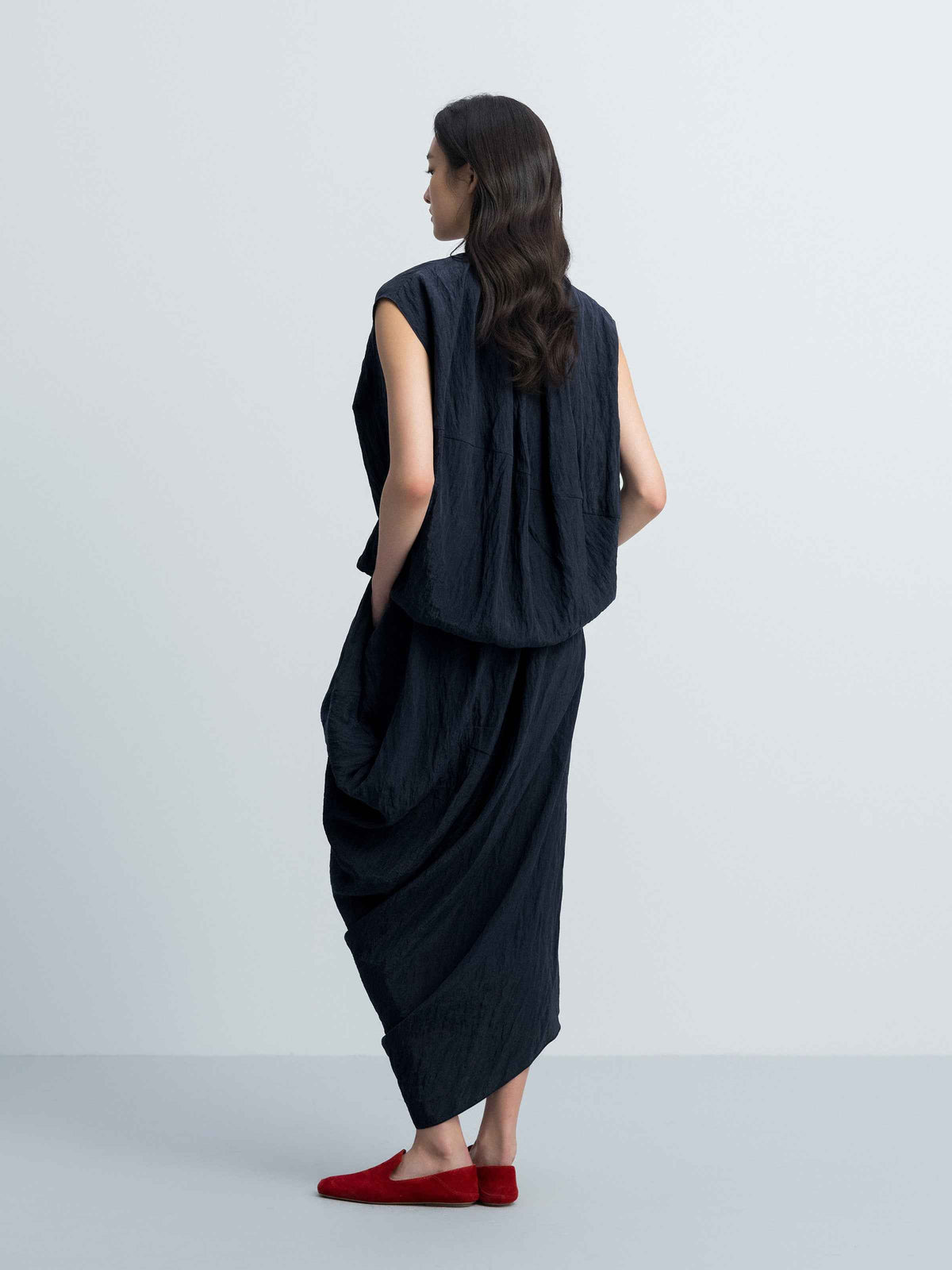 Navy Blue Tencel Snow-Washed Irregular Drape Long Skirt