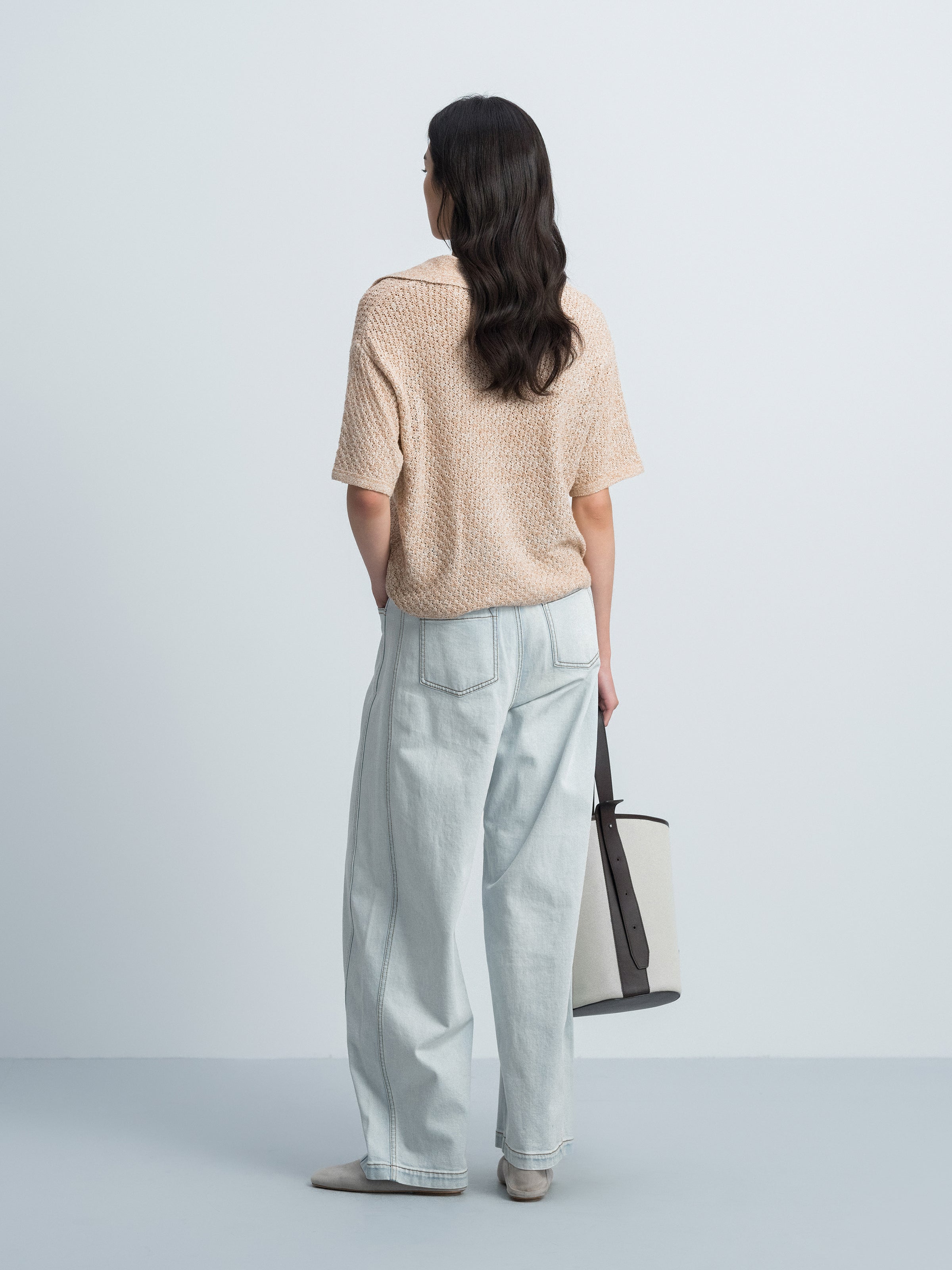 Khaki Cotton Nylon Polo Collar Crocheted Flower Knit Pullover