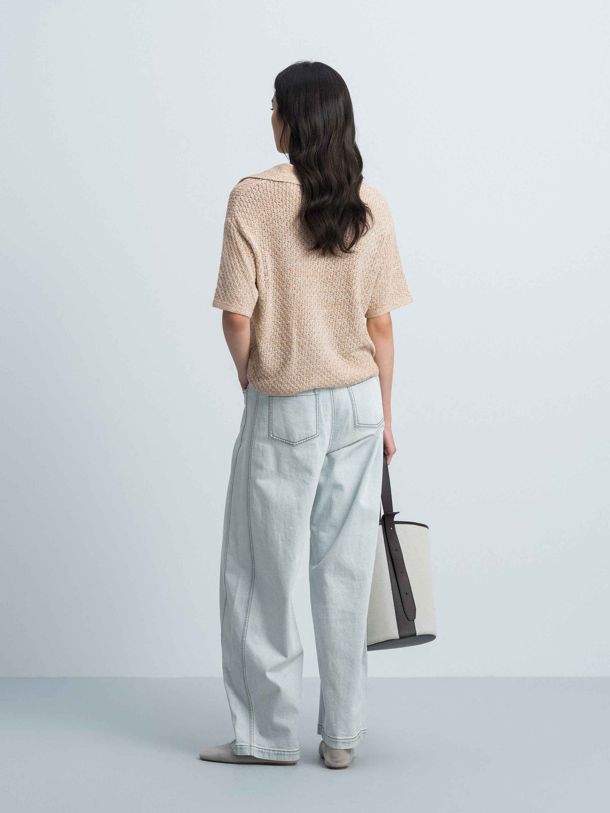 Khaki Cotton Nylon Polo Collar Crocheted Flower Knit Pullover