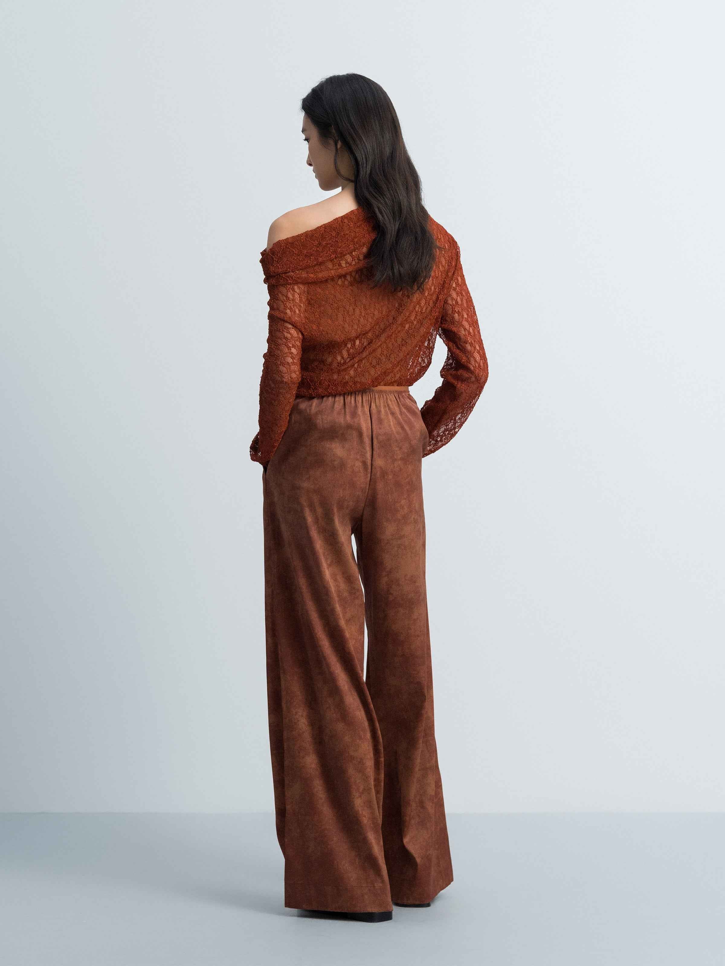 Orange Red Stretch Lace Stacked Neck Fitted Long-Sleeve Top