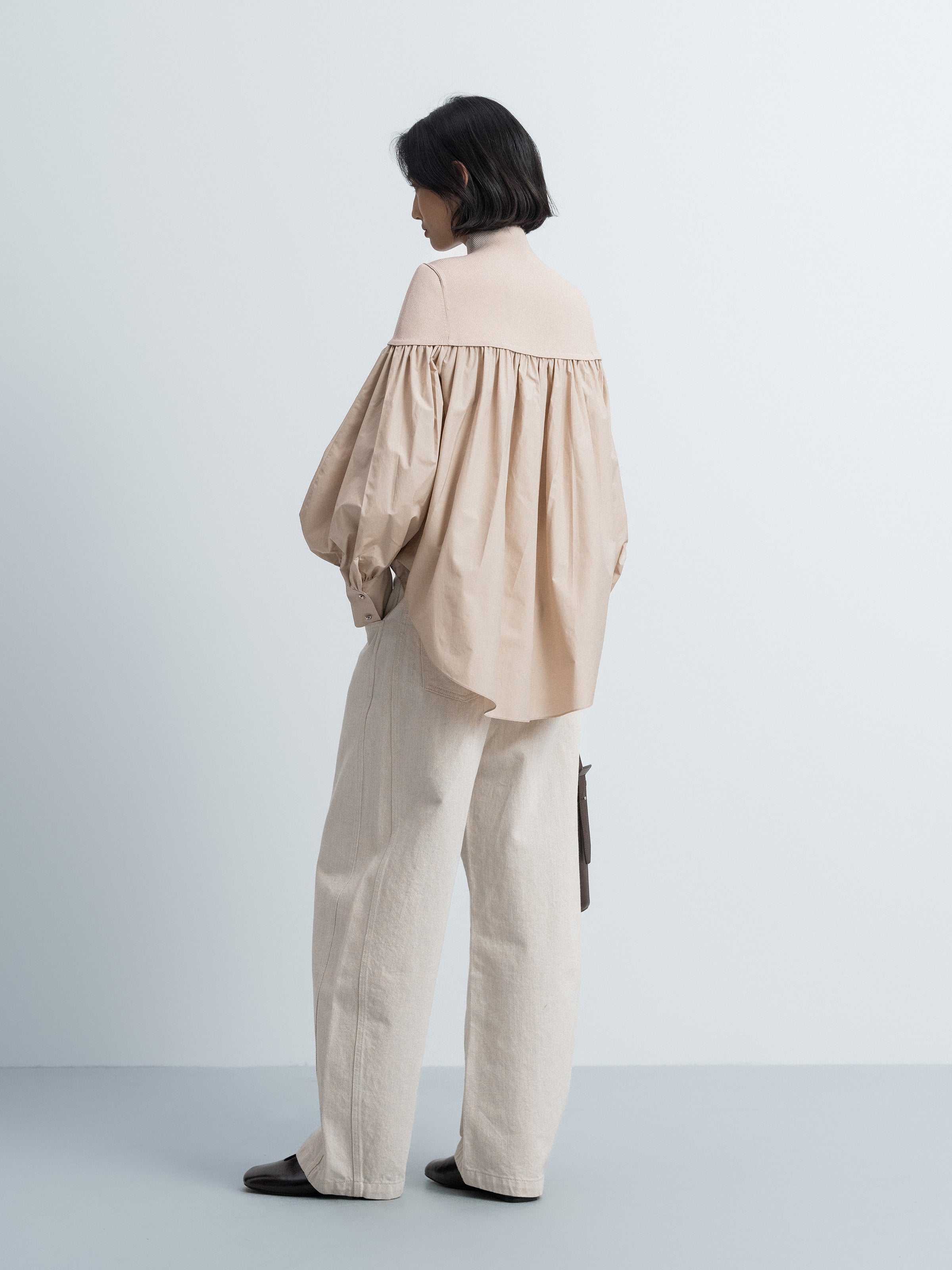 Beige Cotton Poly Viscose Spliced Ruched Long-Sleeve Top