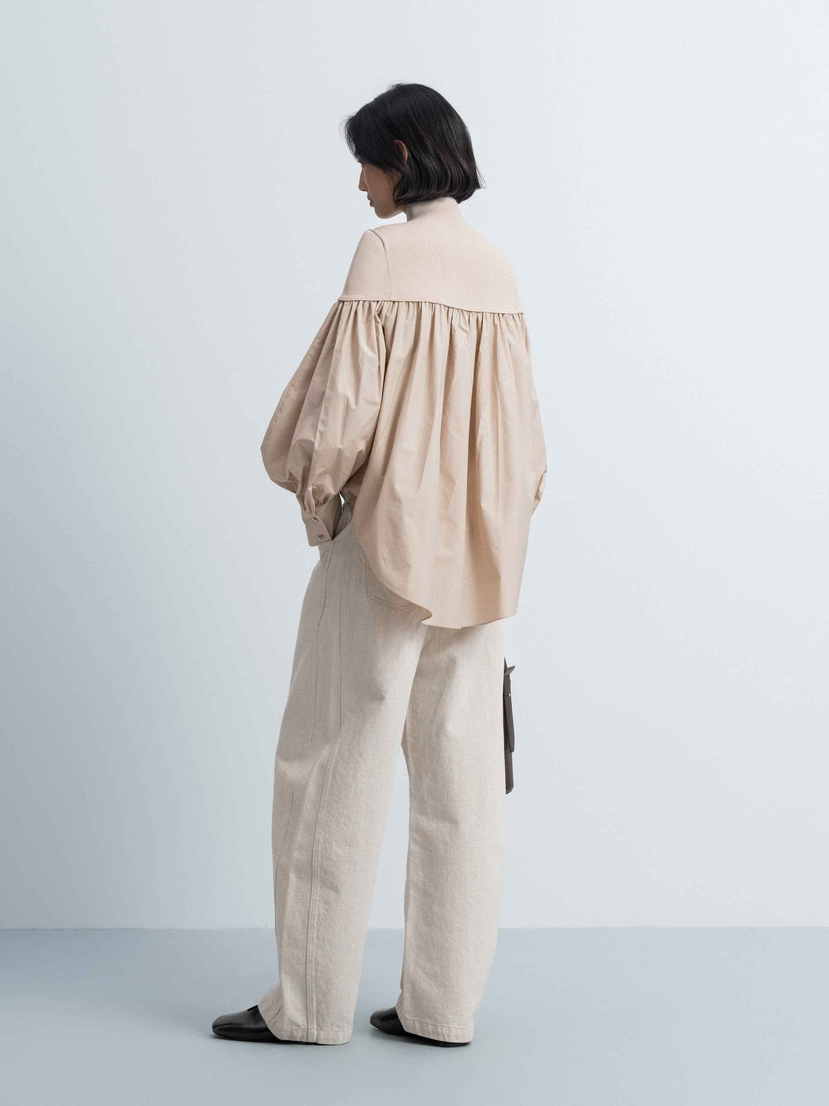 Beige Cotton Poly Viscose Spliced Ruched Long-Sleeve Top