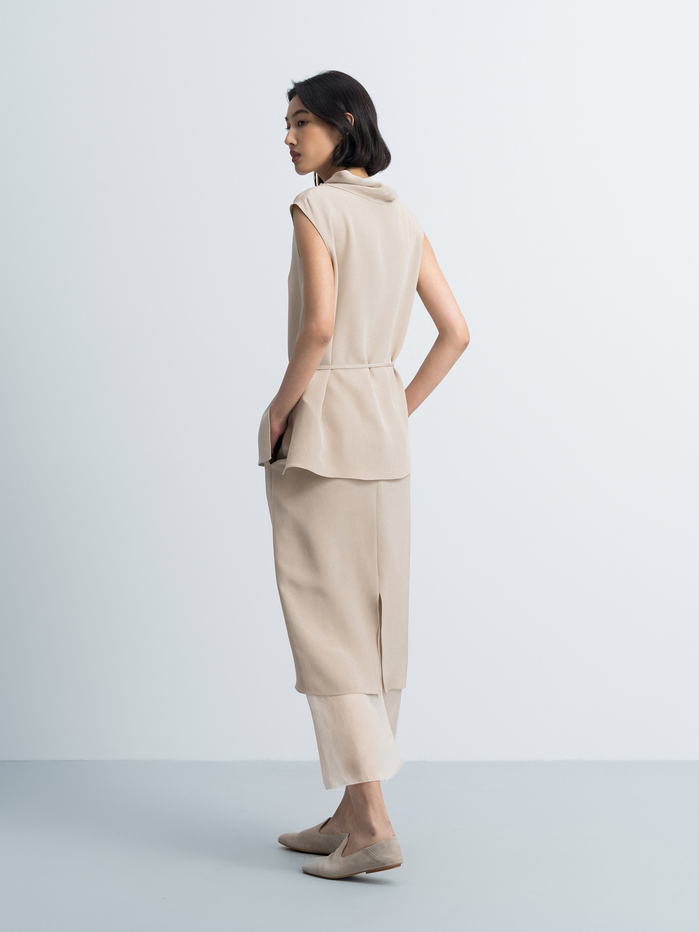 Light Khaki Mulberry Silk Gauze Splice Straight Midi Skirt