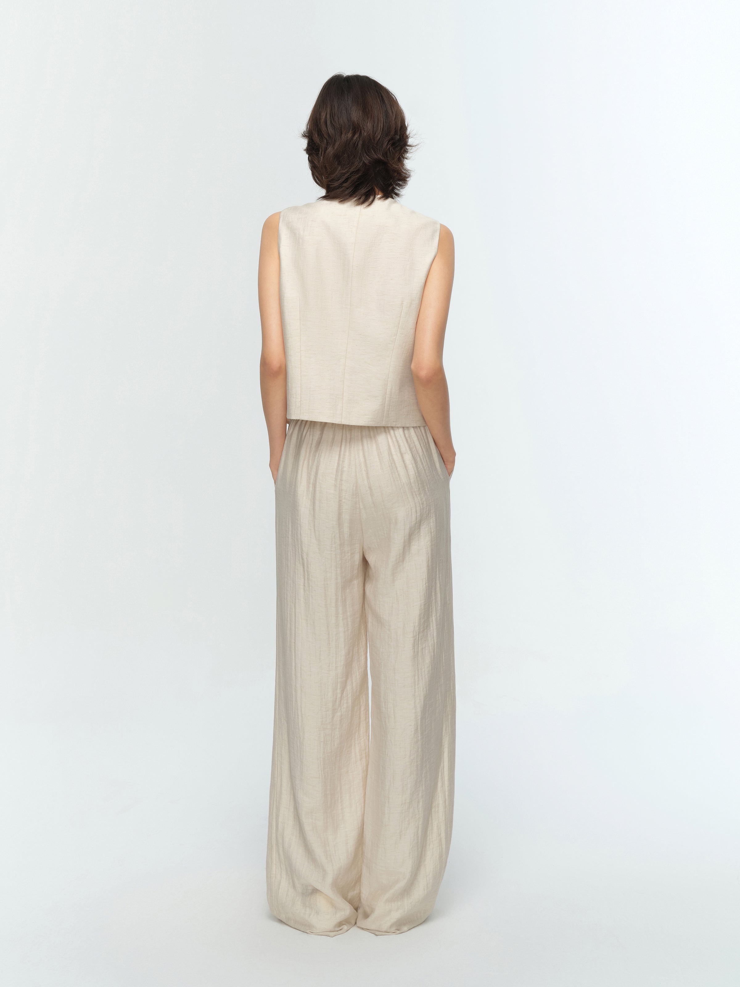 Cream White Linen Cropped V-Neck Slanted Hem Vest