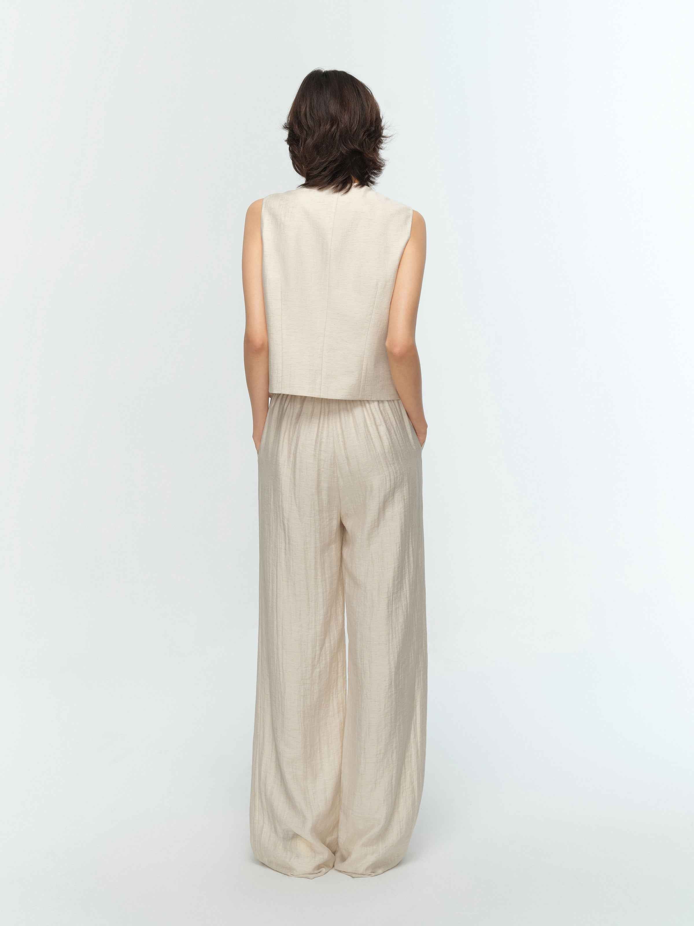 Cream White Linen Cropped V-Neck Slanted Hem Vest