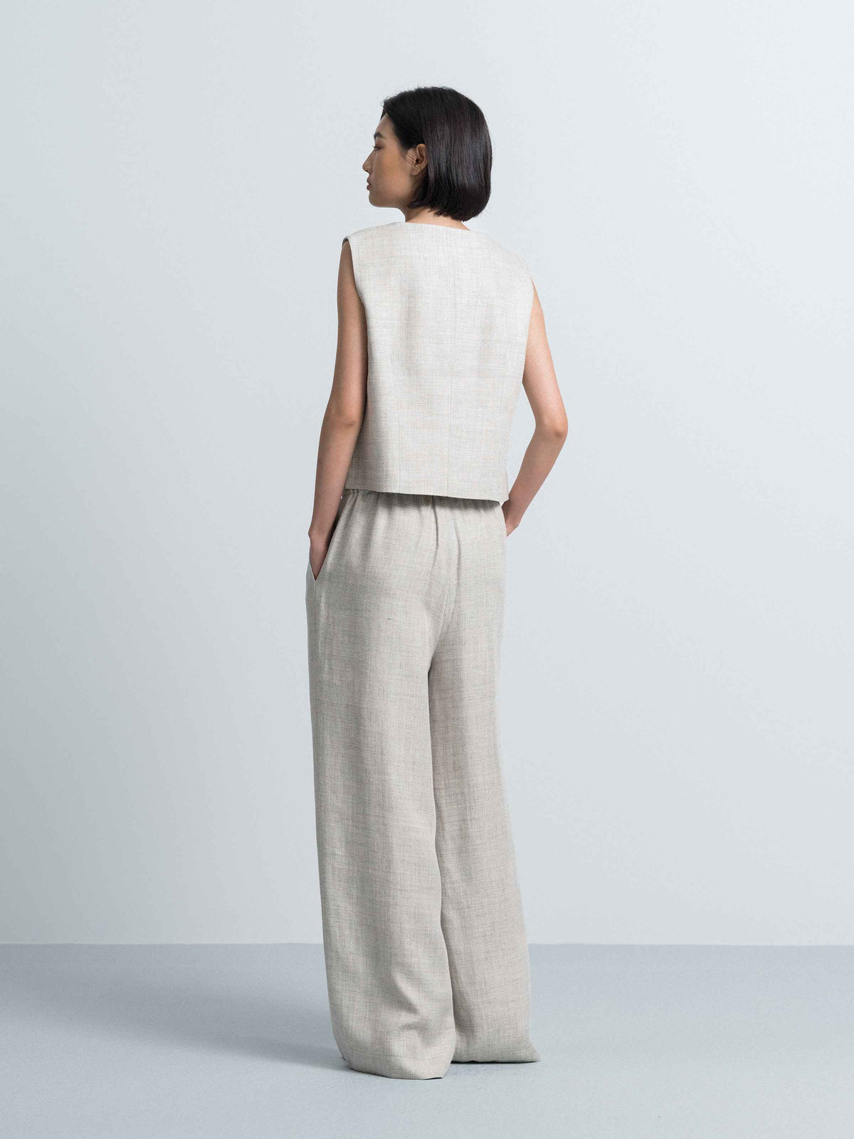 Light Gray Linen Viscose Double Pleat Wide-Leg Trousers