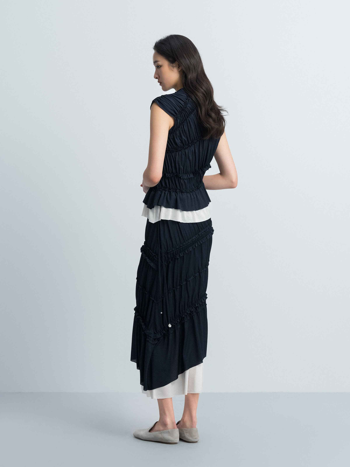 Navy Blue Acetate Knit Fitted Sleeveless Color-Block Top