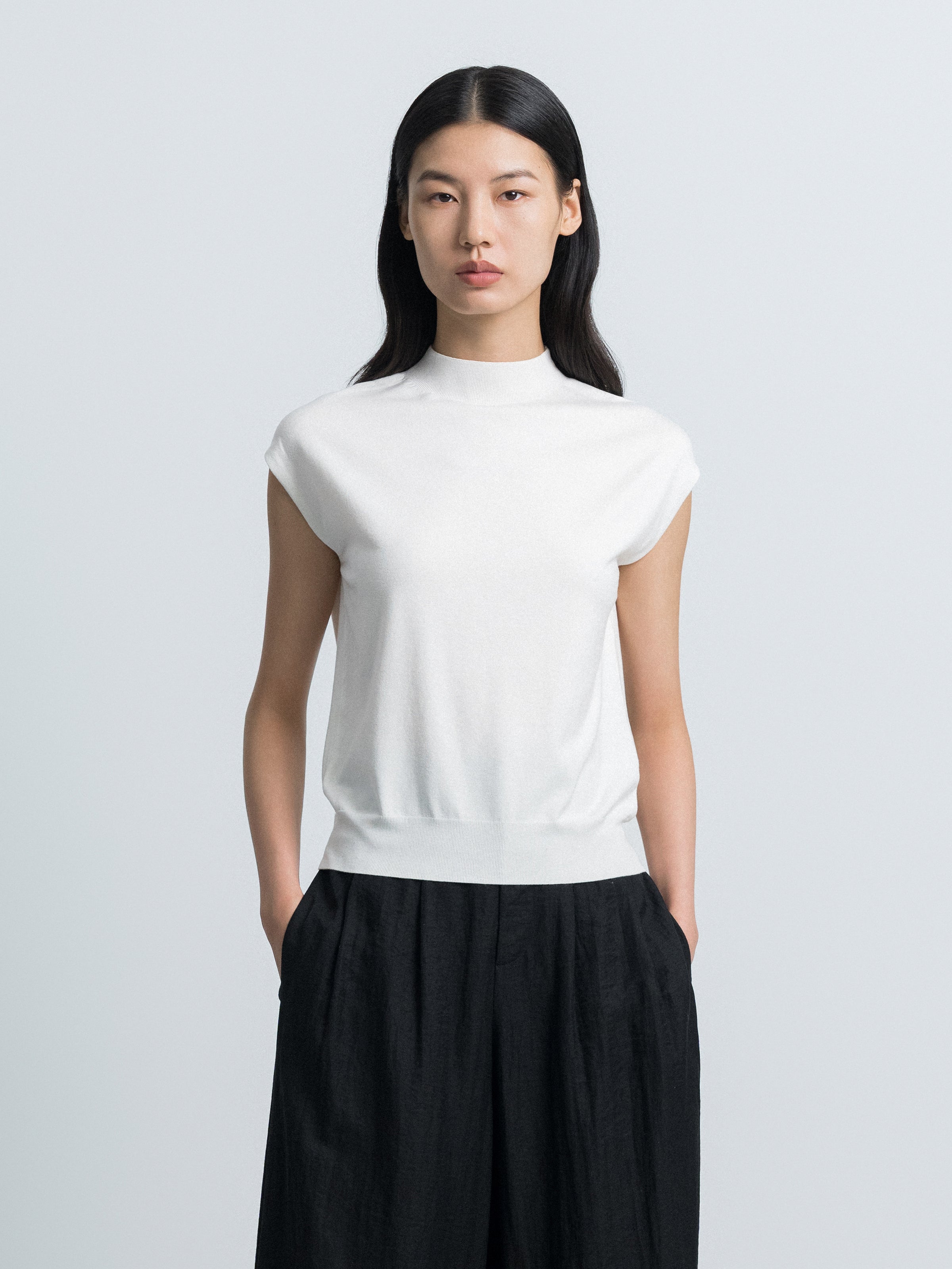 Off White Mulberry Silk Semi-High Neck Cap Sleeve Pullover