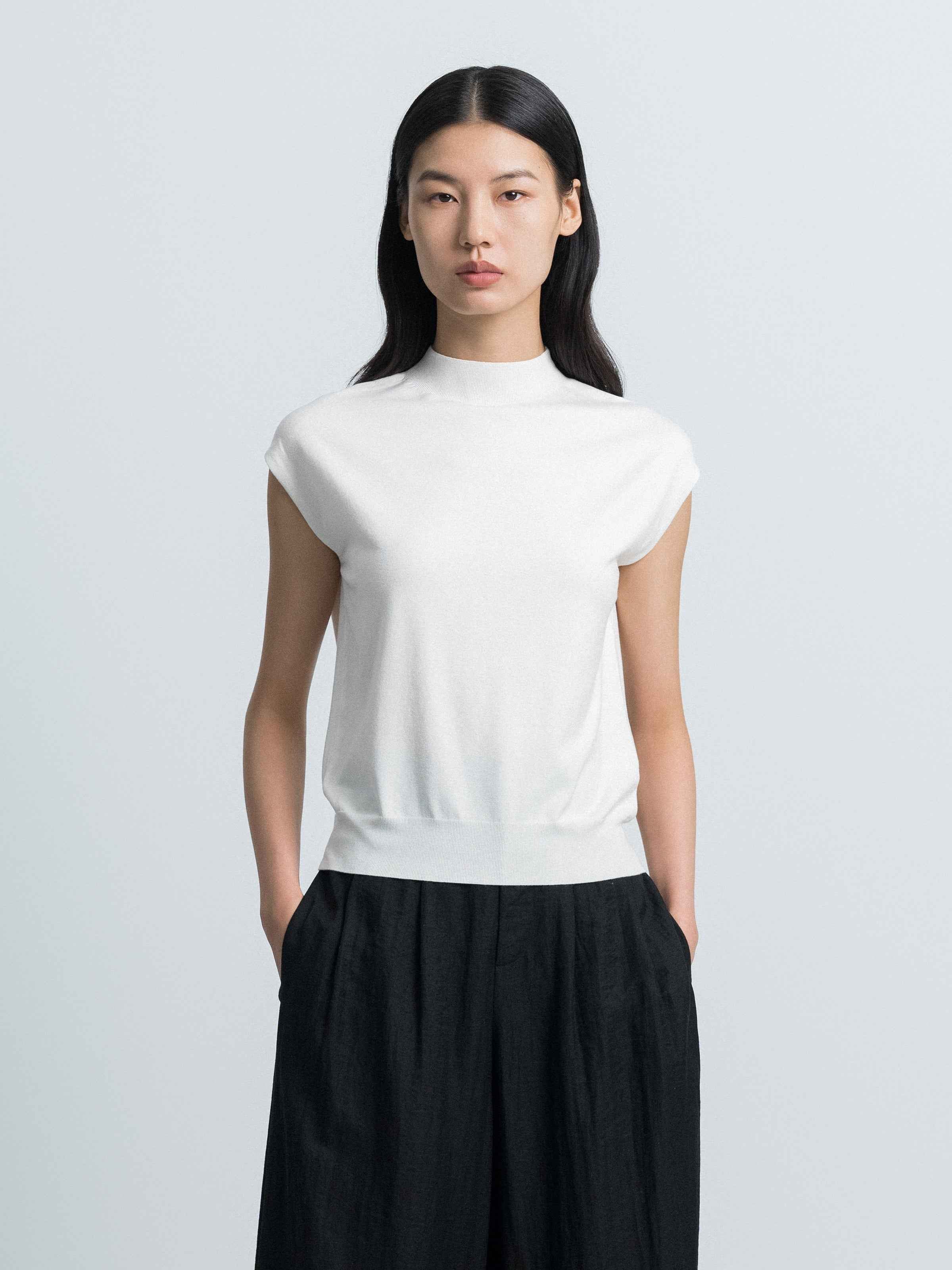 Off White Mulberry Silk Semi-High Neck Cap Sleeve Pullover