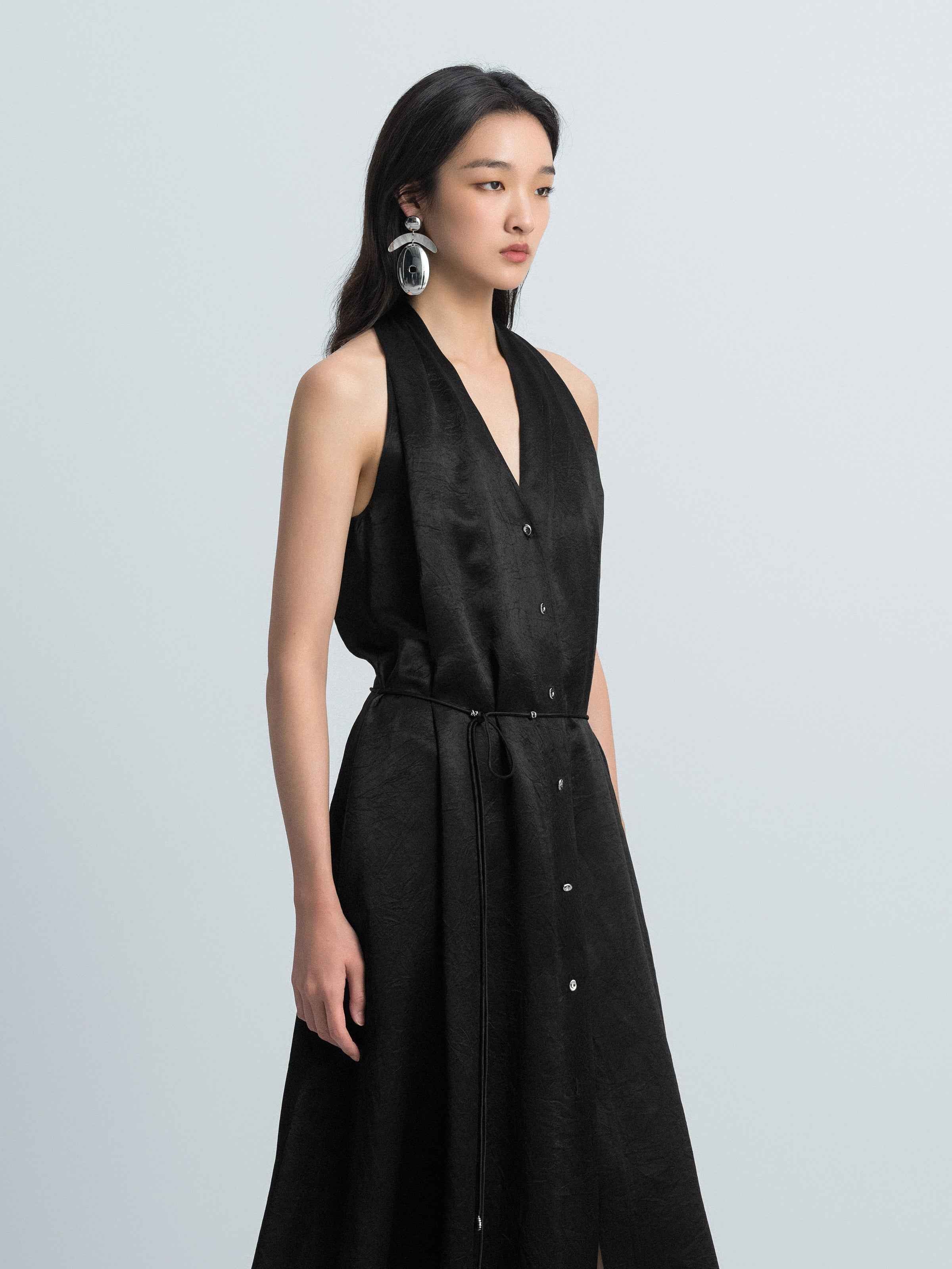 Black Acetate Satin Halter V-Neck Belt Waist Sleeveless Dress