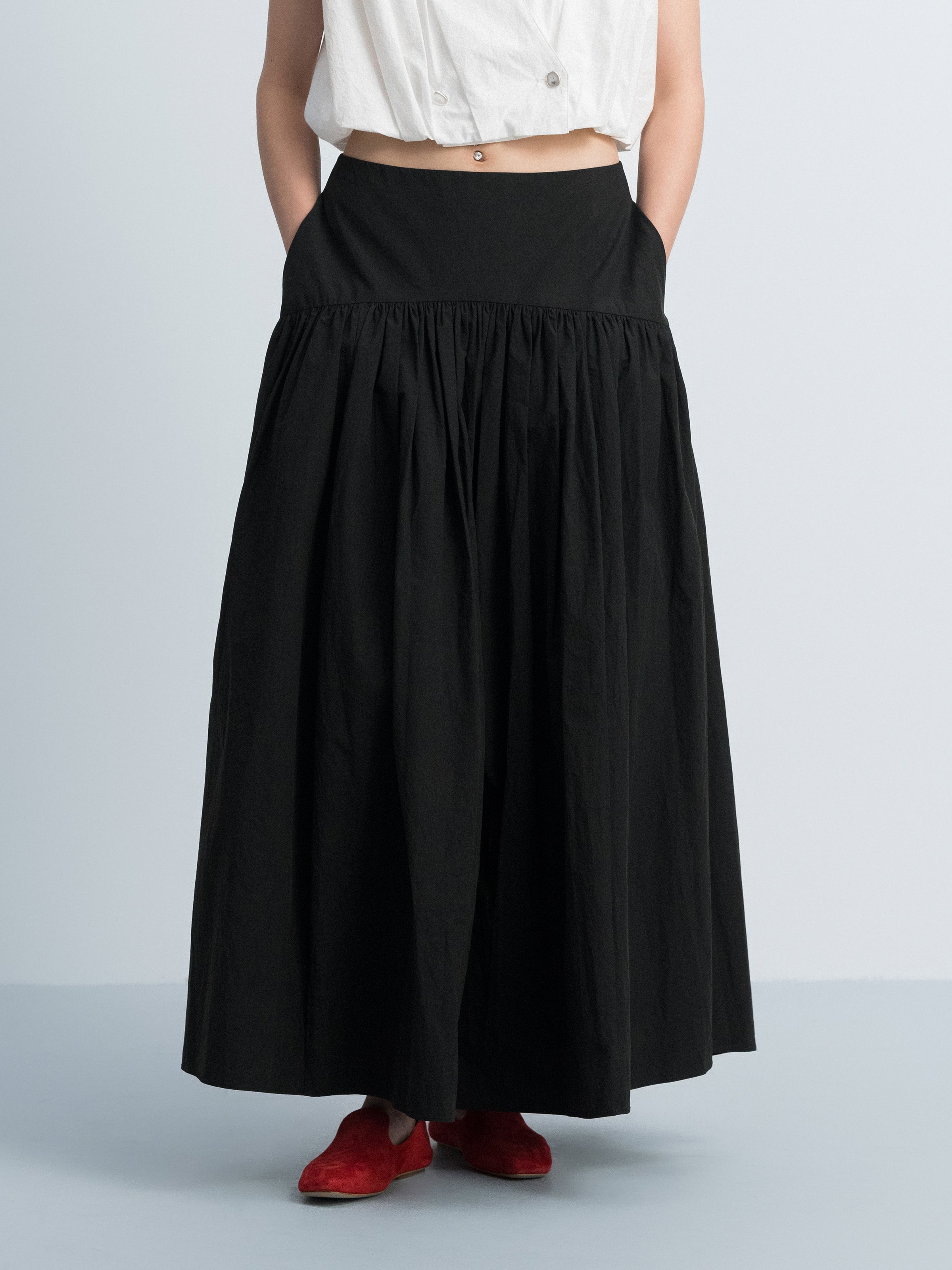 Black Washed Pima Cotton Ruched A-Line Long Skirt
