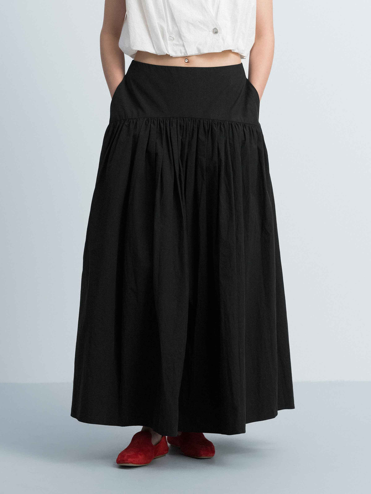 Black Washed Pima Cotton Ruched A-Line Long Skirt