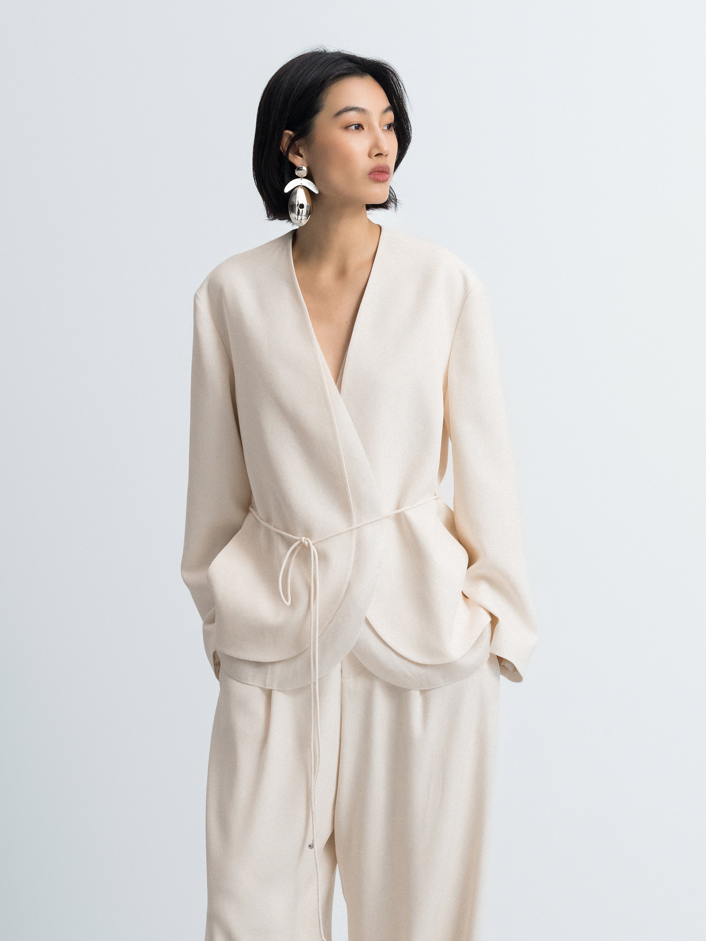 Cream White Triacetate Organza Mesh Cord Belt Blazer