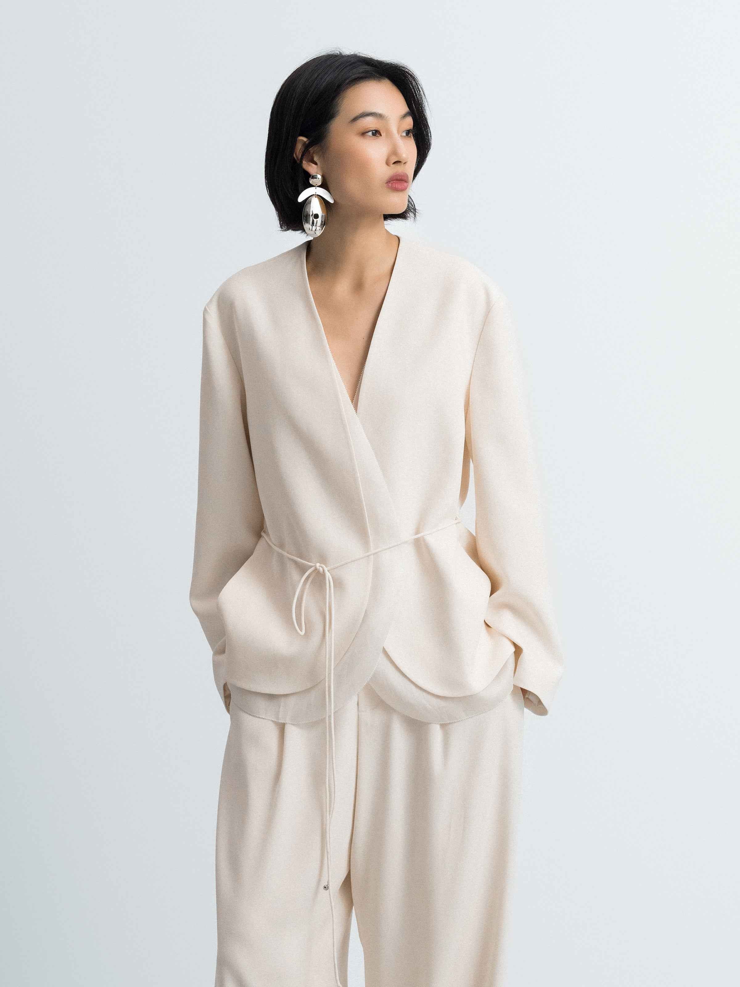 Cream White Triacetate Organza Mesh Cord Belt Blazer