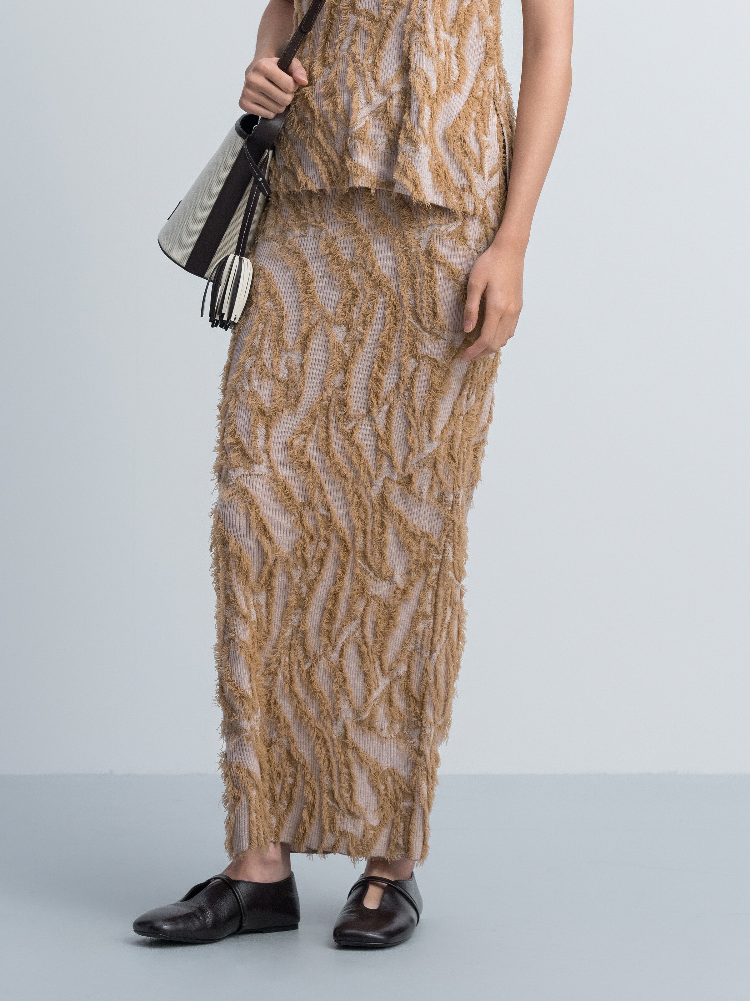 Pattern Merino Wool Fringe Jacquard Straight Knit Skirt