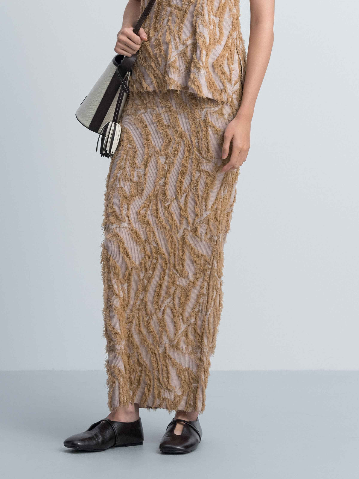 Pattern Merino Wool Fringe Jacquard Straight Knit Skirt