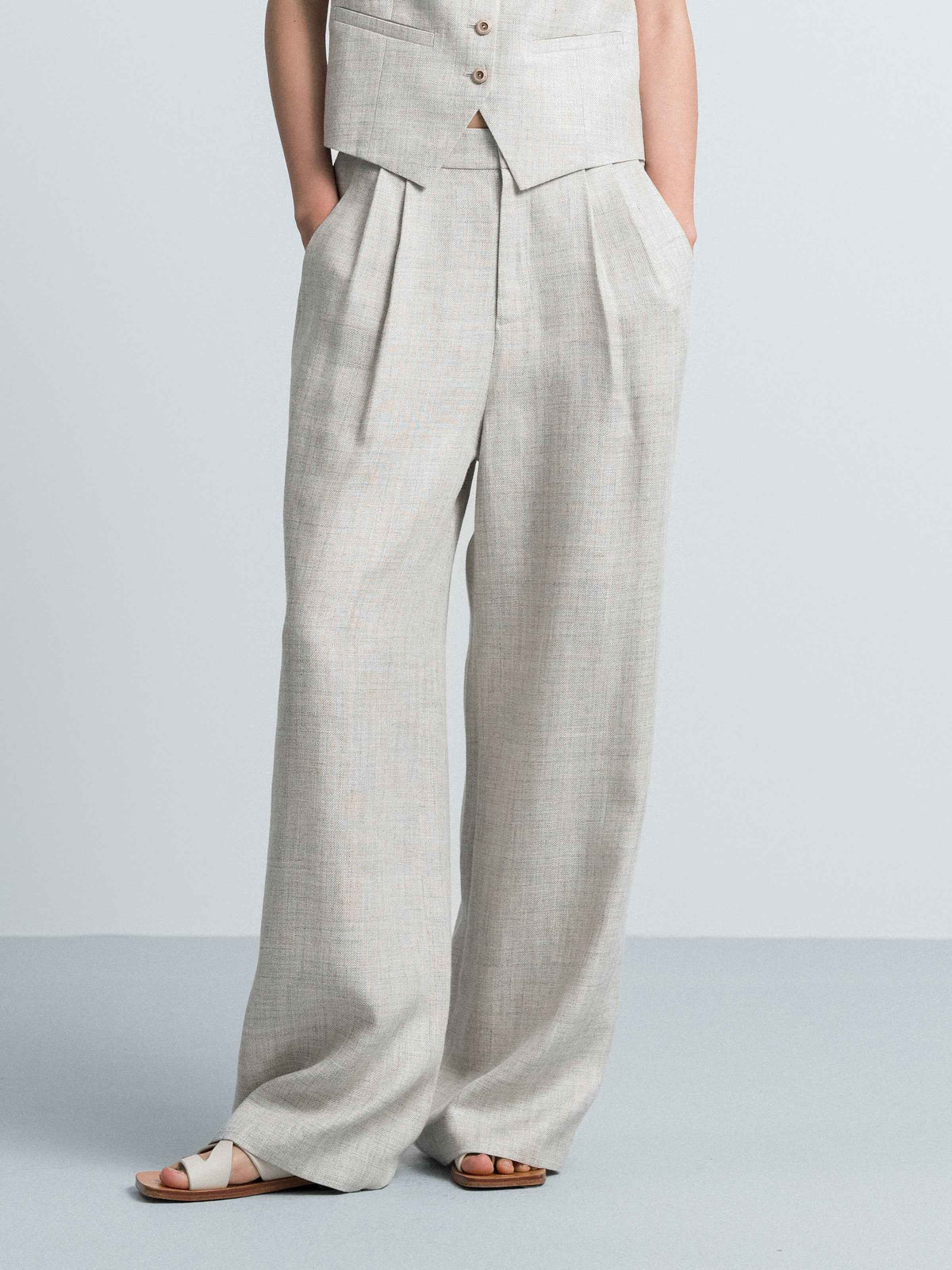 Light Gray Linen Viscose Double Pleat Wide-Leg Trousers