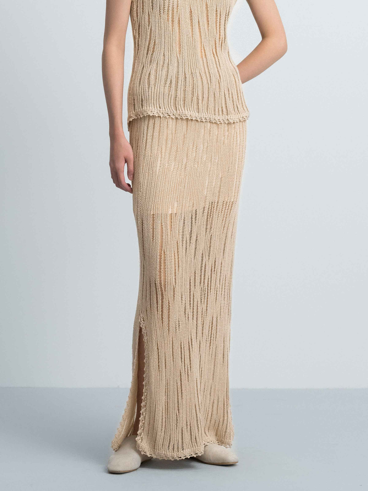 Light Khaki Openwork Lace Trim Side Slit Knit Skirt