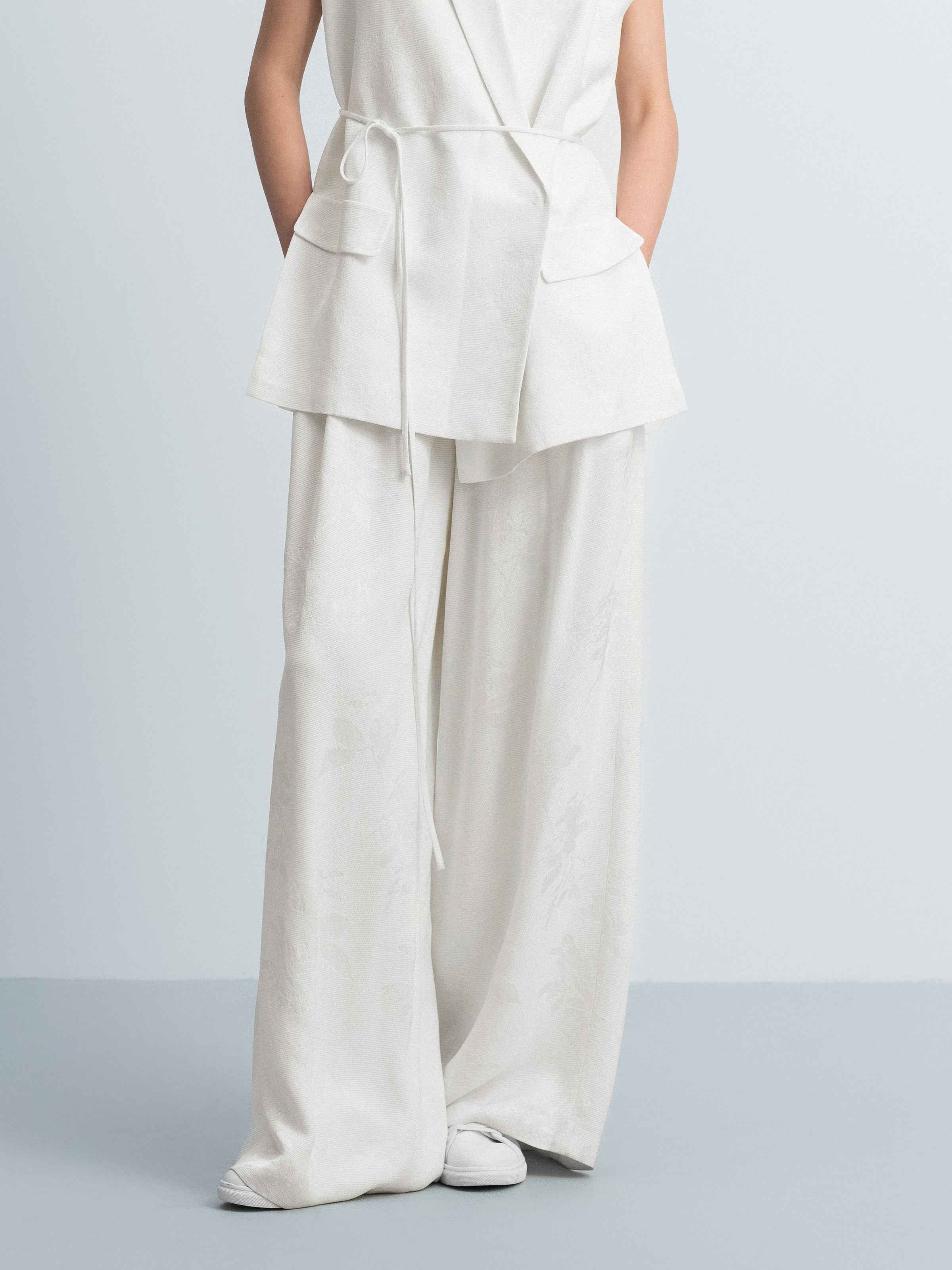 Cream White Rayon Jacquard High-Waist Wide-Leg Trousers