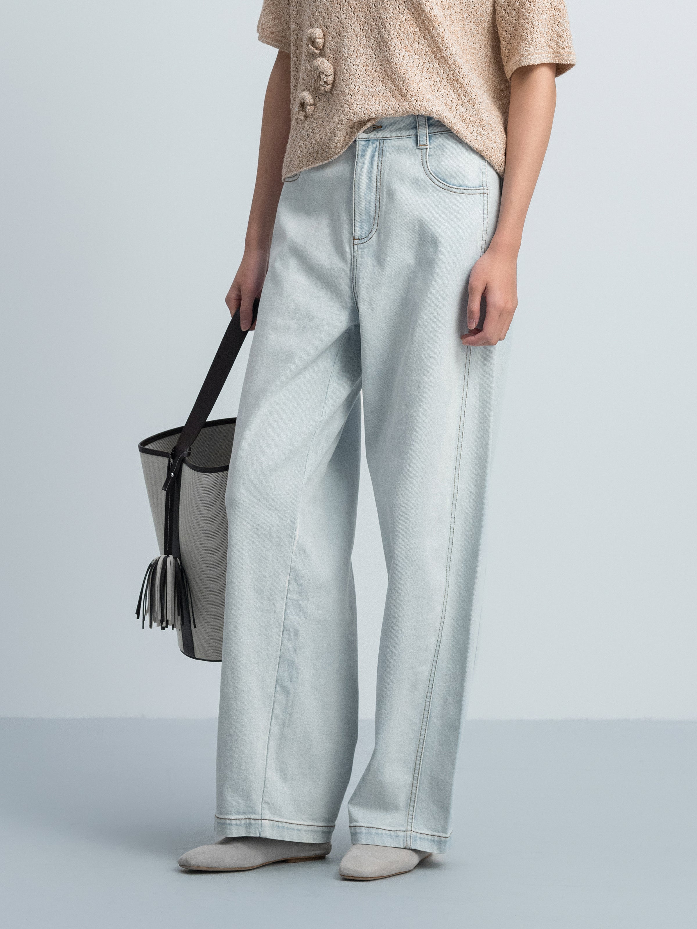 Light Blue Washed Denim Curved Relaxed Tapered Trousers