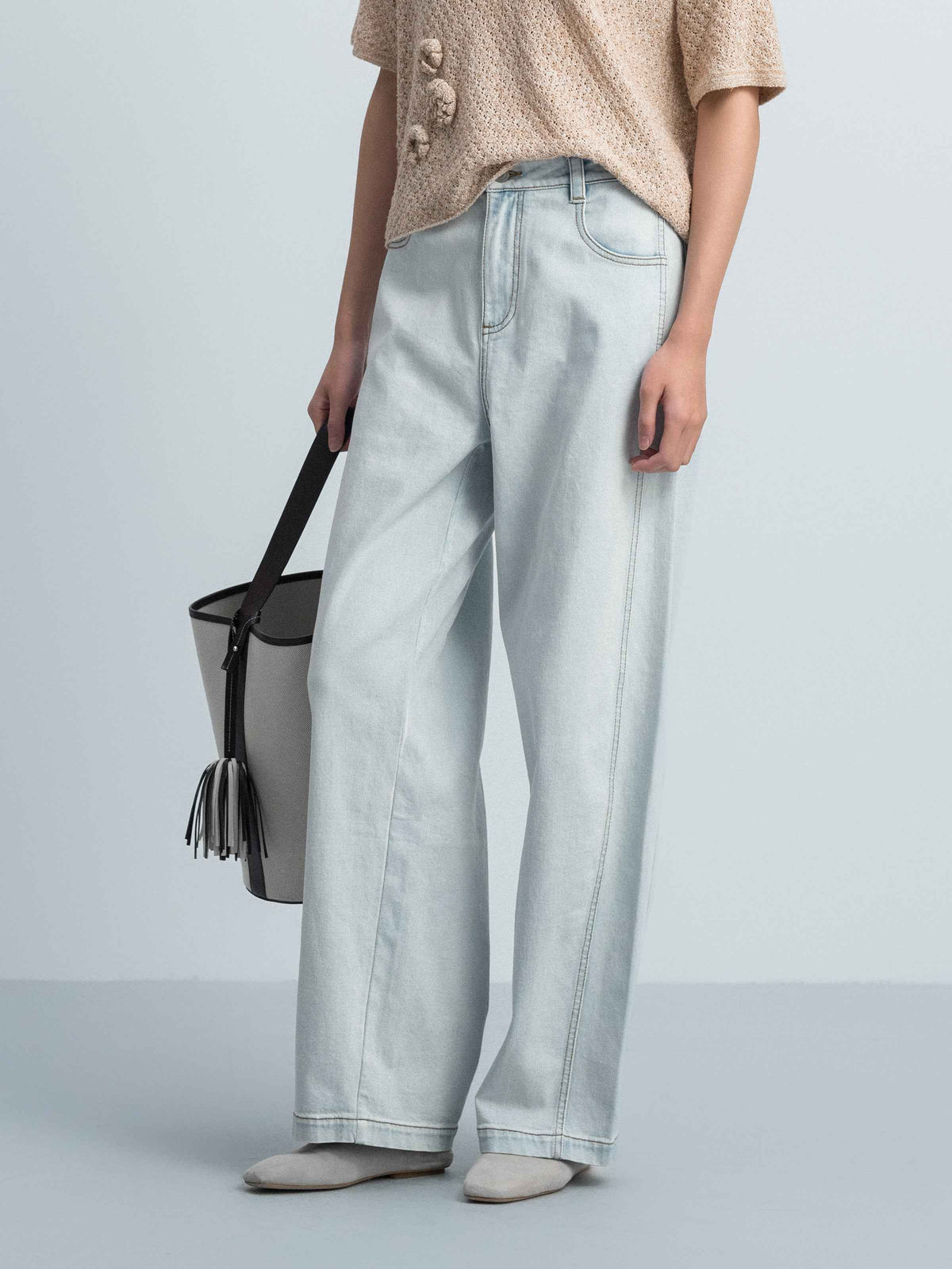 Light Blue Washed Denim Curved Relaxed Tapered Trousers