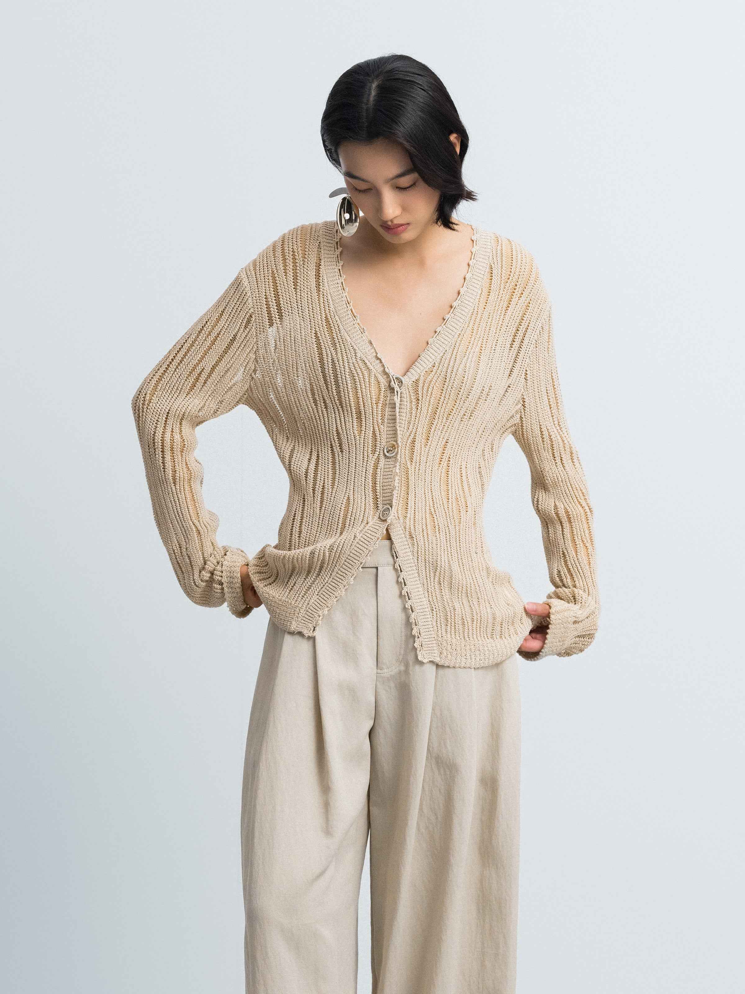 Light Khaki Openwork Floral Placket V-Neck Knit Cardigan