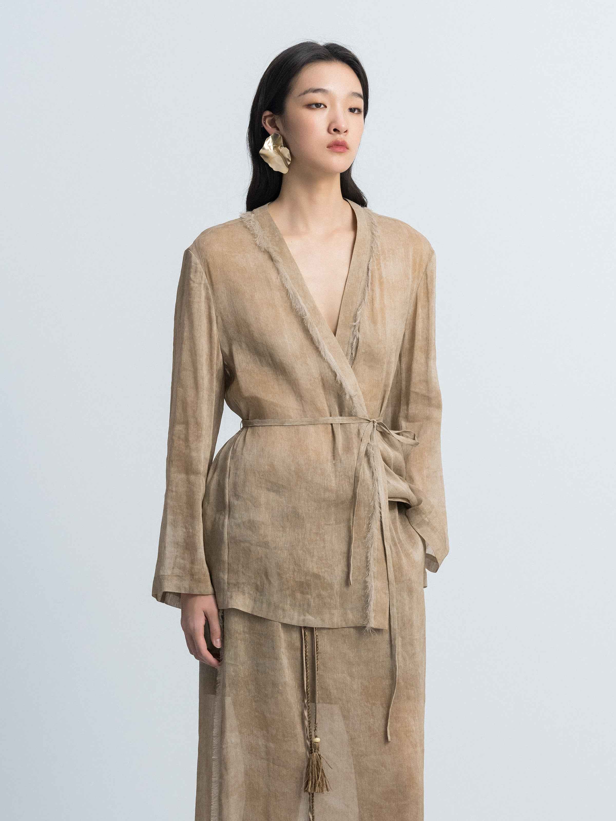 Light Khaki Tie Waist Blazer